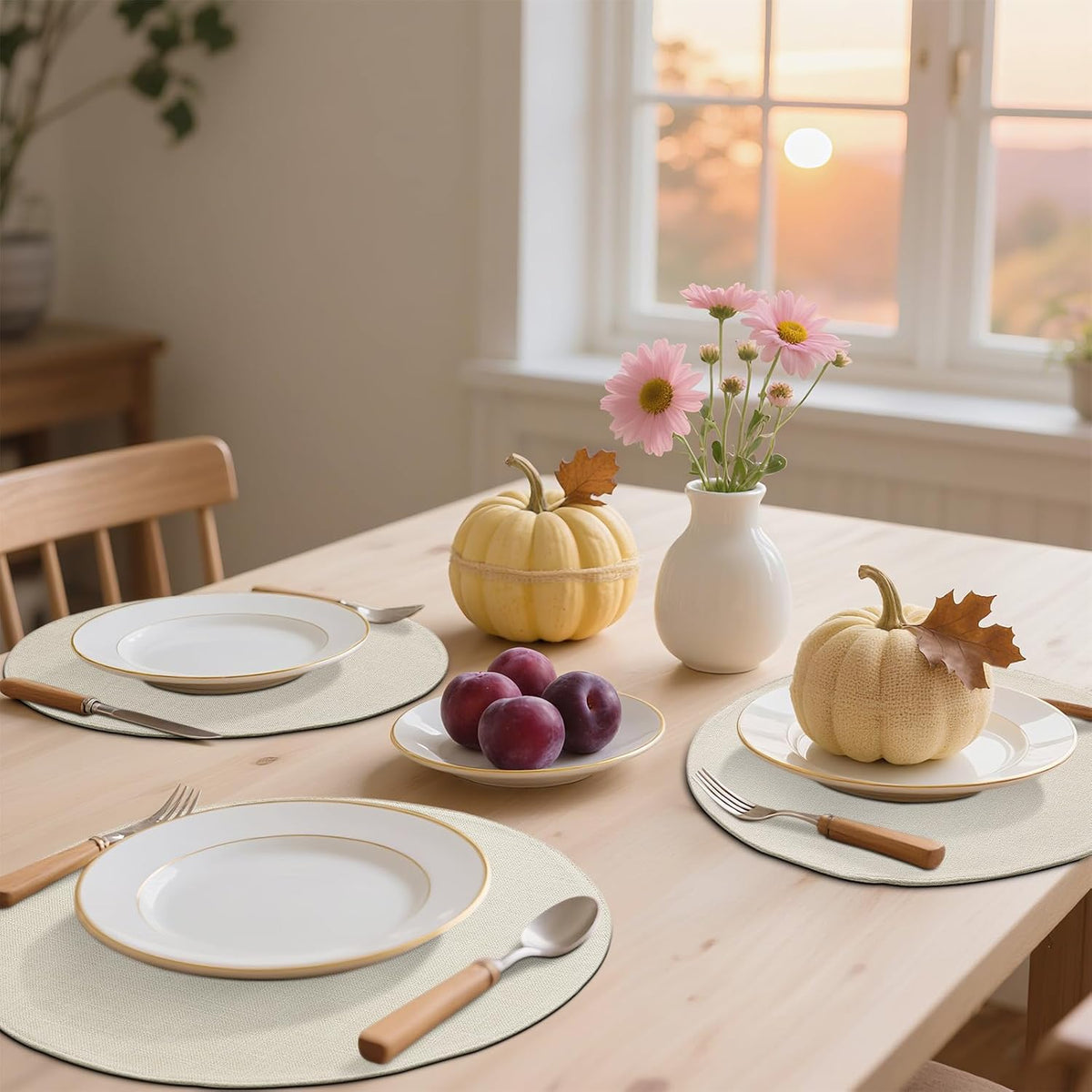 Cotton Linen 15 Inch Round Cloth Place mats, Set of 6, Cream | Washable Table Mats, Heat Resistant, Reversible