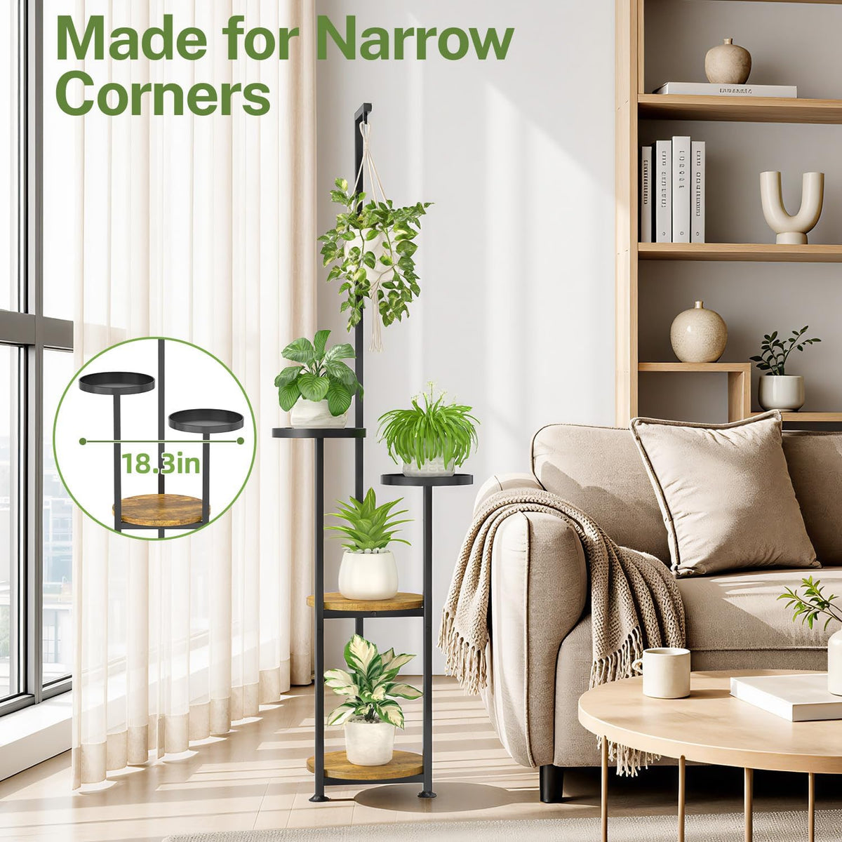 iDavosic.ly Hanging Plant Stand Indoor, 4 Tier, 62 In Tall, Black & Brown | Vertical Corner Metal Flower Shelf with