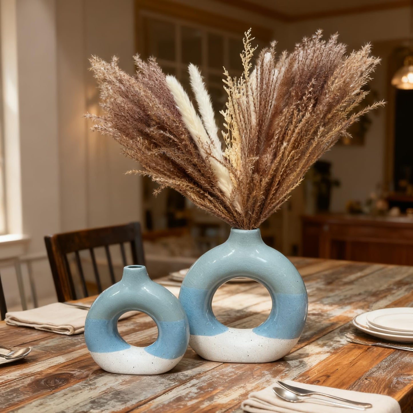 Decorative Ceramic Flower Vase / Donut Vase-blue-2 Sets / Set of 2