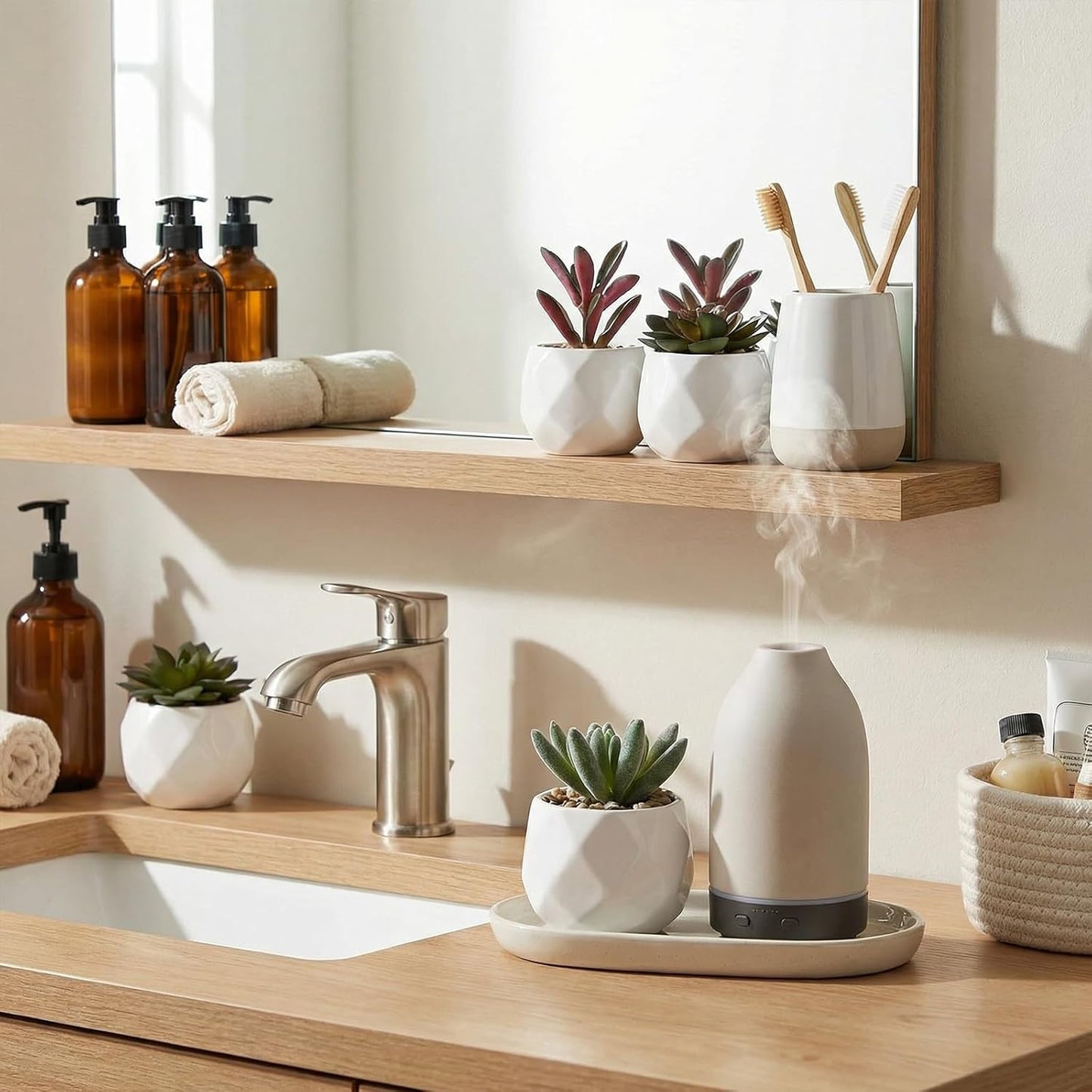 Indoor Fake House Plants in Round Geometric Ceramic Pots / White / Set of 4