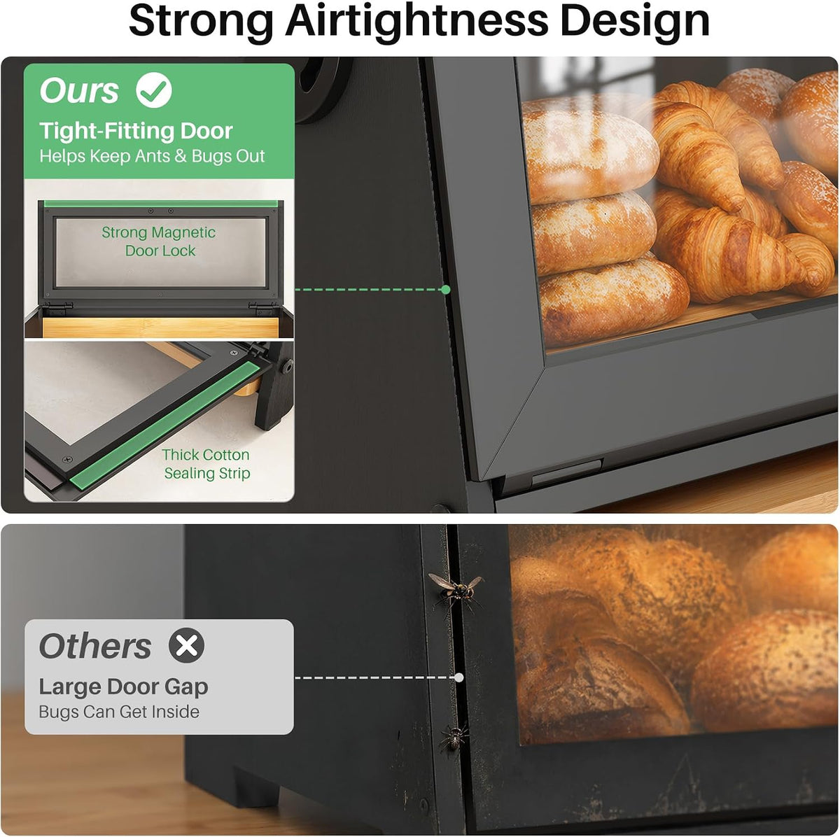 SNTD Bread Box for Kitchen Countertop, Bamboo Cutting Board, 1 Tier, Black | Adjustable Vent Hole, Airtight Design