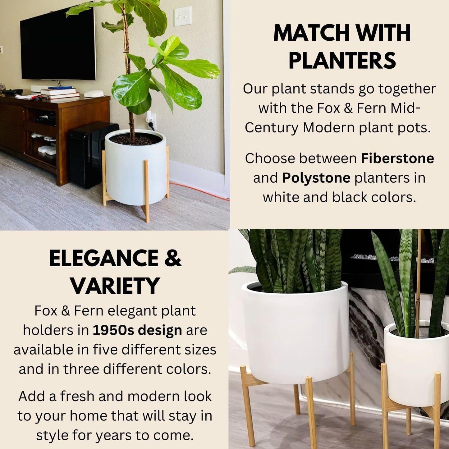 Fox & Fern Mid Century Plant Stands for Indoor Planters, Bamboo, 14.9 Inch | Plug In Design, Holds 200 lbs, Two High