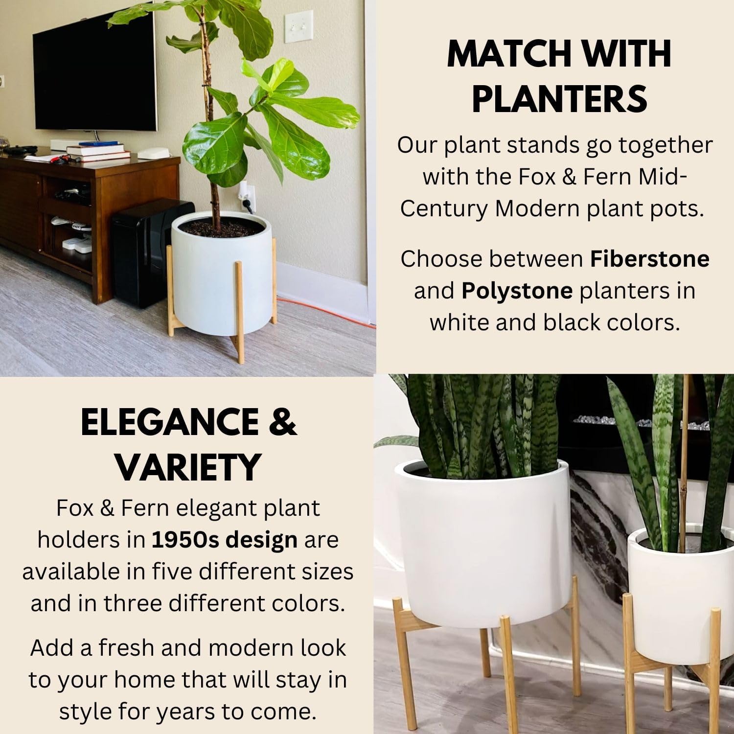 Fox & Fern Mid Century Plant Stands for Indoor Planters, Bamboo, 14.9 Inch | Plug In Design, Holds 200 lbs, Two High