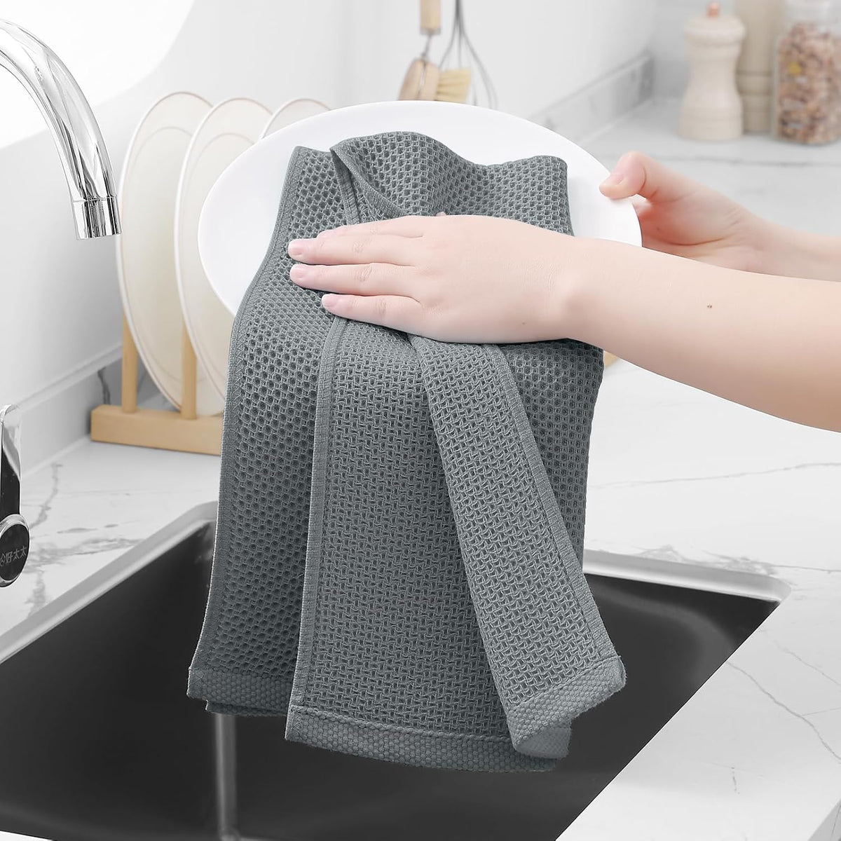 Homaxy 100% Cotton Waffle Weave Kitchen Dish Towels 18-Pack, Grey | 13 x 28 Inches, Ultra Soft Absorbent Dish Towels