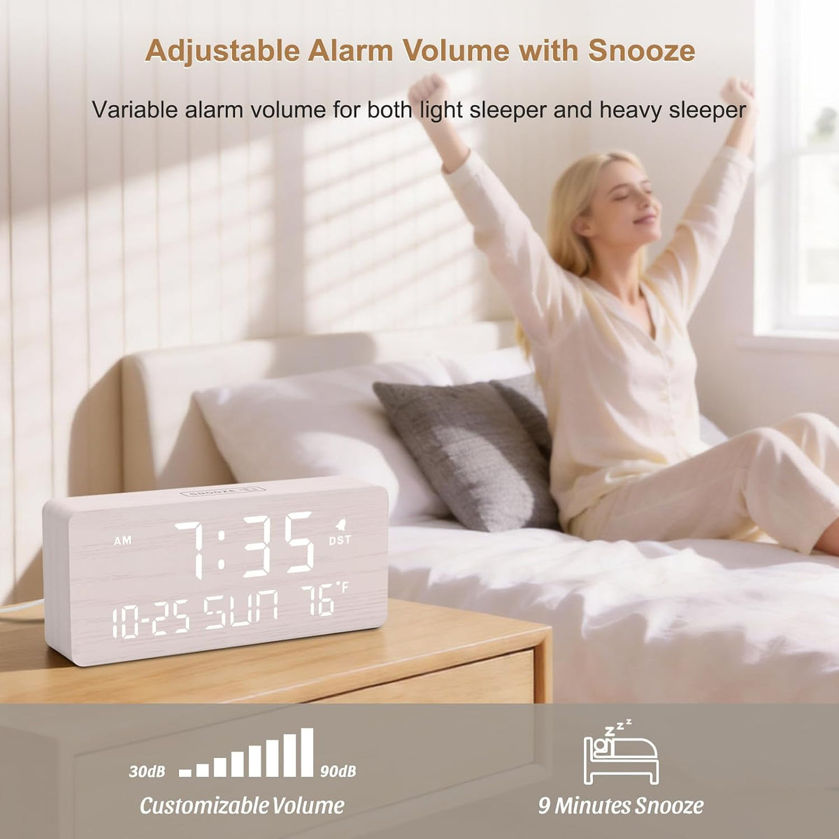 DreamSky Wooden Digital Alarm Clocks for Bedrooms with Date & Day of Week | Living Room Desk Clock, Temperature, USB