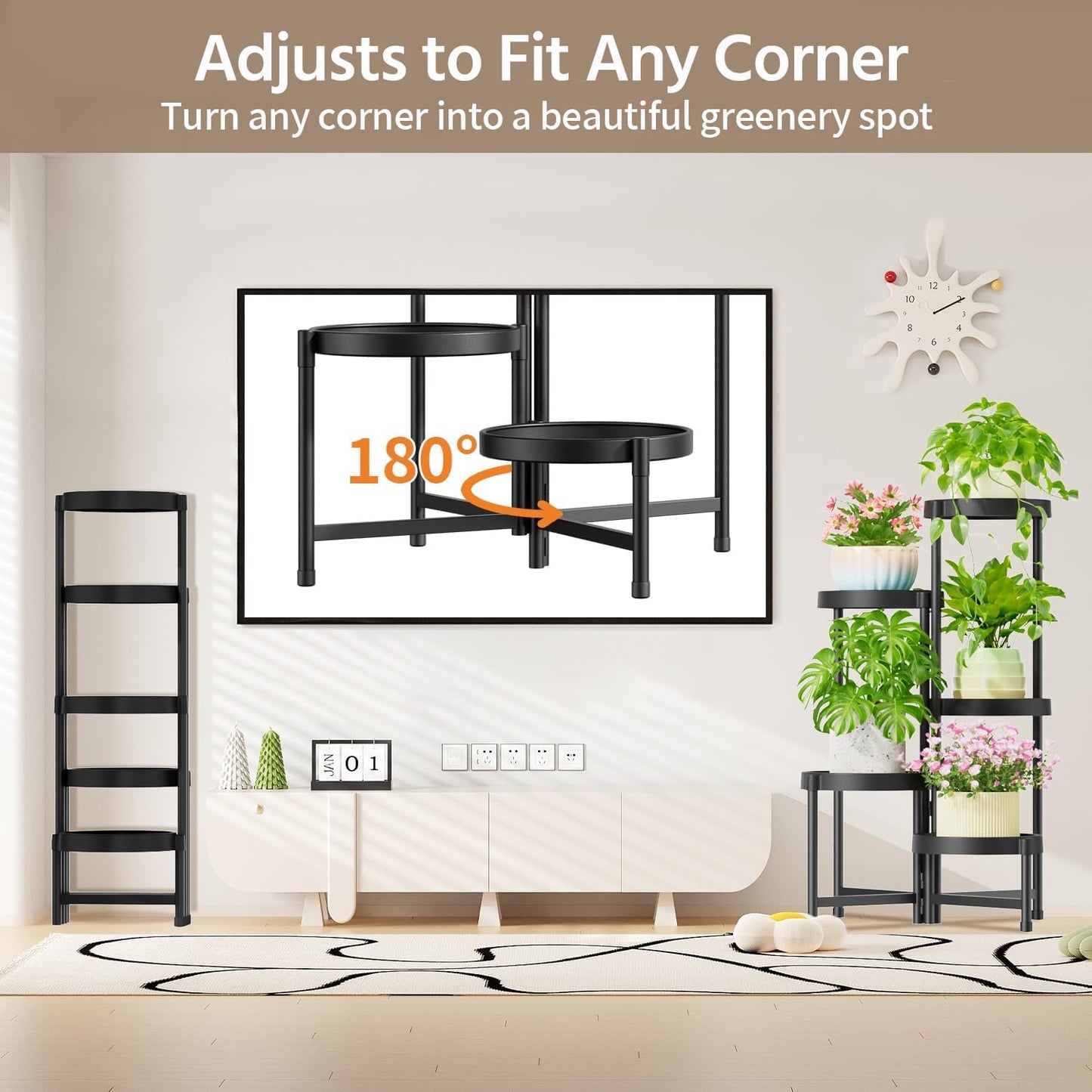 LASZOLA Plant Stand Indoor Outdoor Tall with Plastic Tray, 5 Tiers Black | Corner Folding Flower Display Rack, Modern