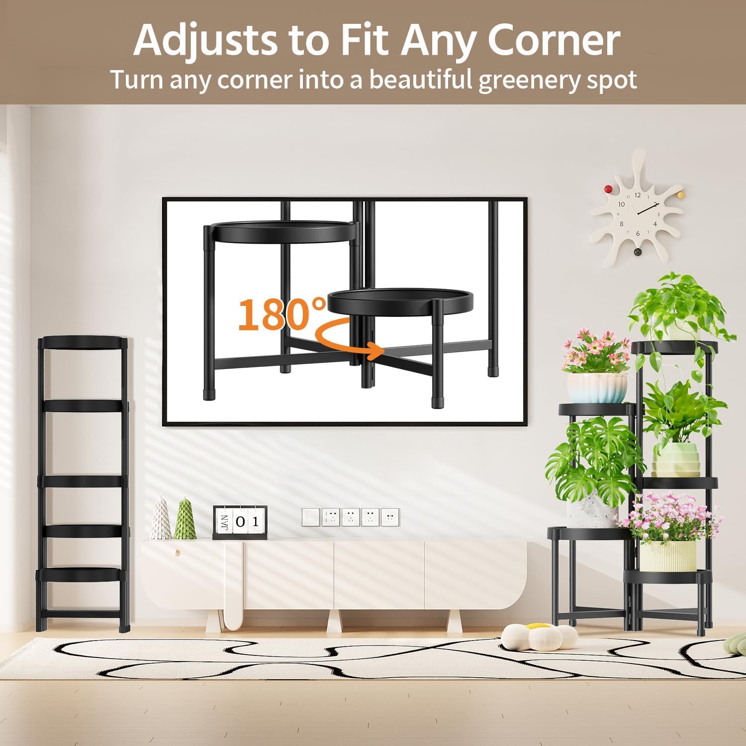 LASZOLA Plant Stand Indoor Outdoor Tall with Plastic Tray, 5 Tiers Black | Corner Folding Flower Display Rack, Modern