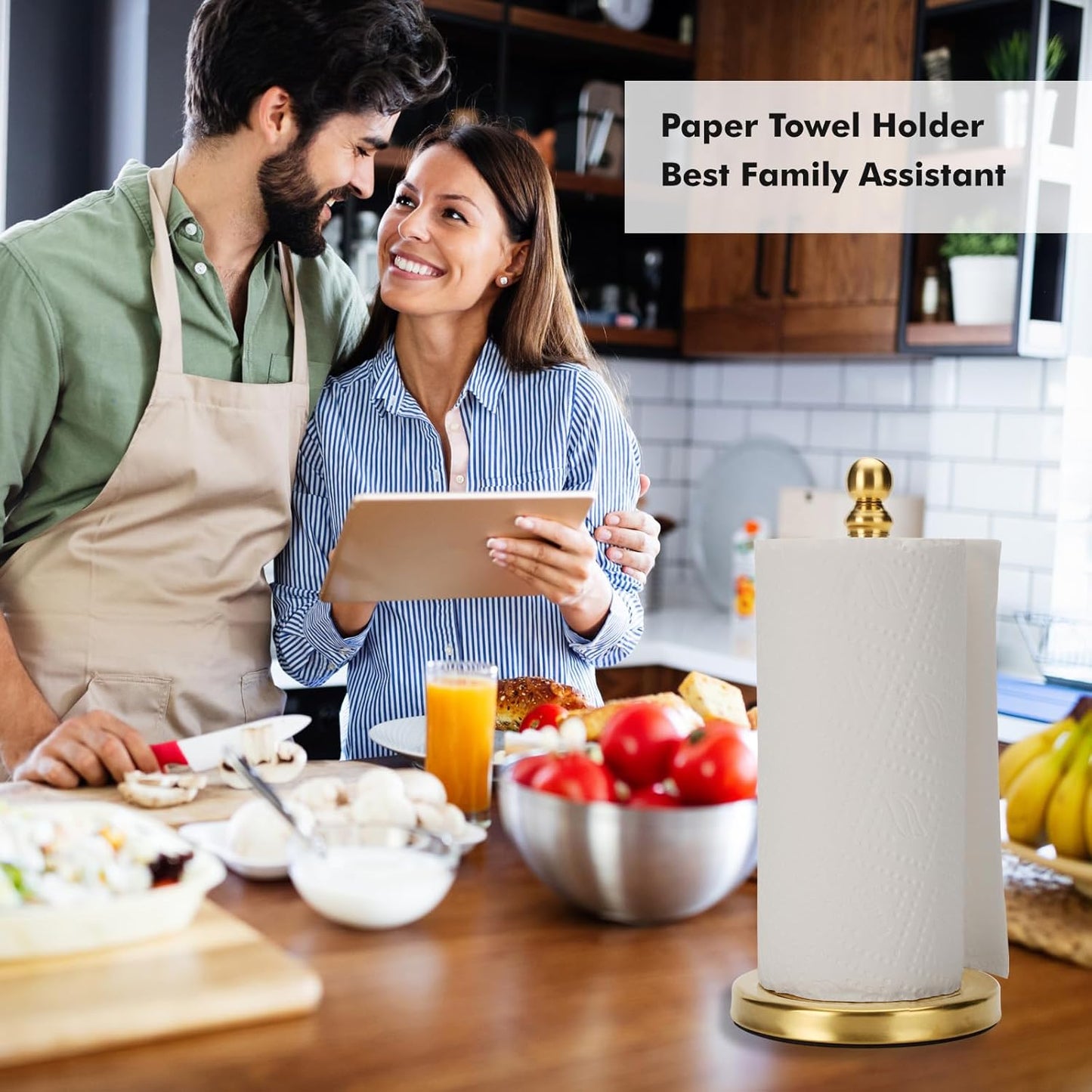Gold Paper Towel Holder Countertop, Standing Paper Towel Roll Holder for Kitchen Bathroom, with Weighted Base for