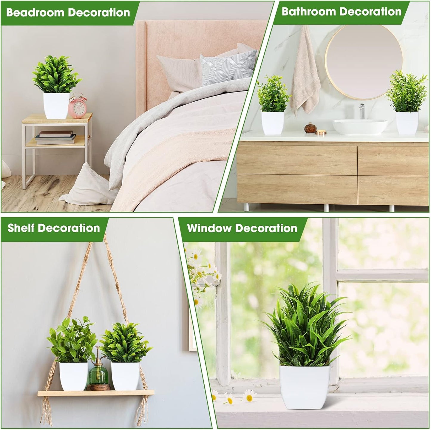 Fake Plants Small Artificial Faux Plants / White Pot / Green / Set of 12