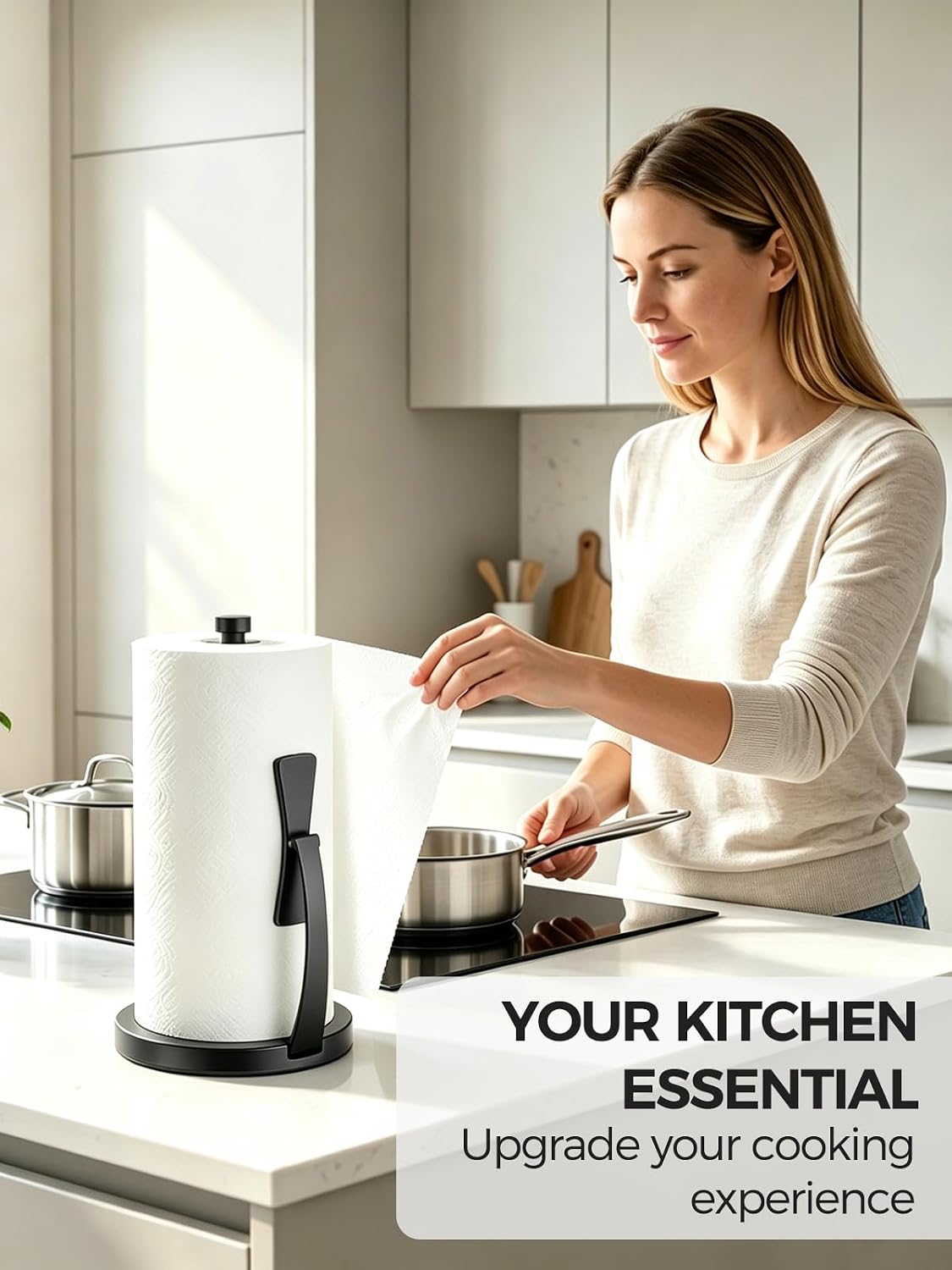 VEHHE Black Paper Towel Holder Countertop, Spring Activated Arm, Damping | One-Hand Tear Design | Premium Stainless