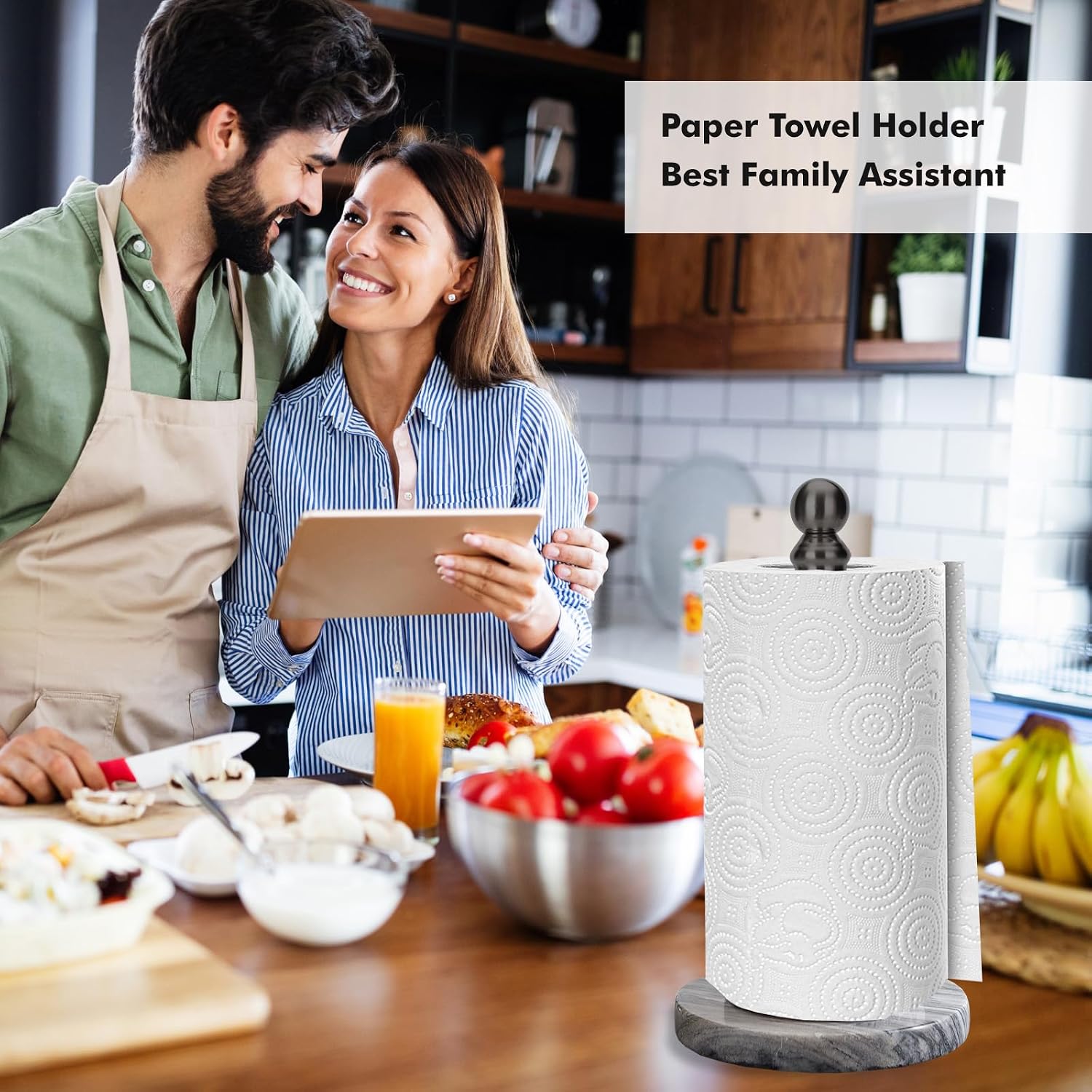 Black Paper Towel Holder Countertop with Heavy Marble Base, Standing Paper Towel Roll Holder for Kitchen Bathroom, with