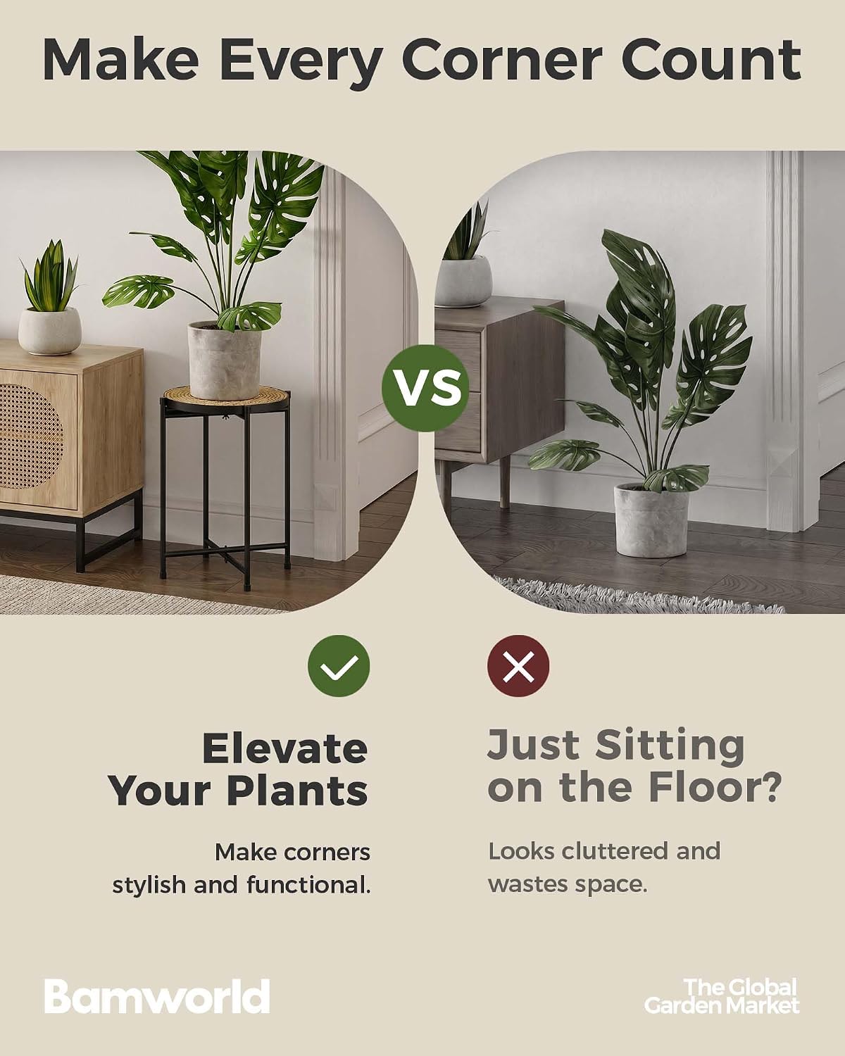 Bamworld Indoor Plant Stand Tall Plant Table Corner Plant Stool Boho Small Plant Holder Single Flower Stand for Large
