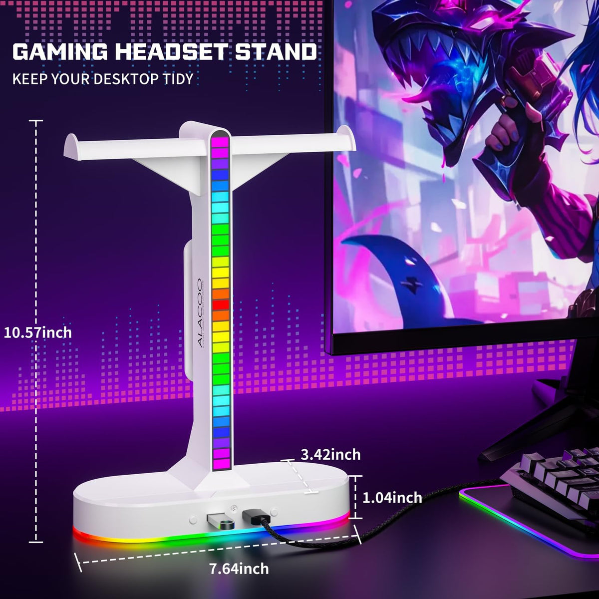 Cool RGB Headphone Stand with Charging Station - Sleek Dual Headset Holder, 3 USB Ports & 3.5mm Audio, 8 Light Modes