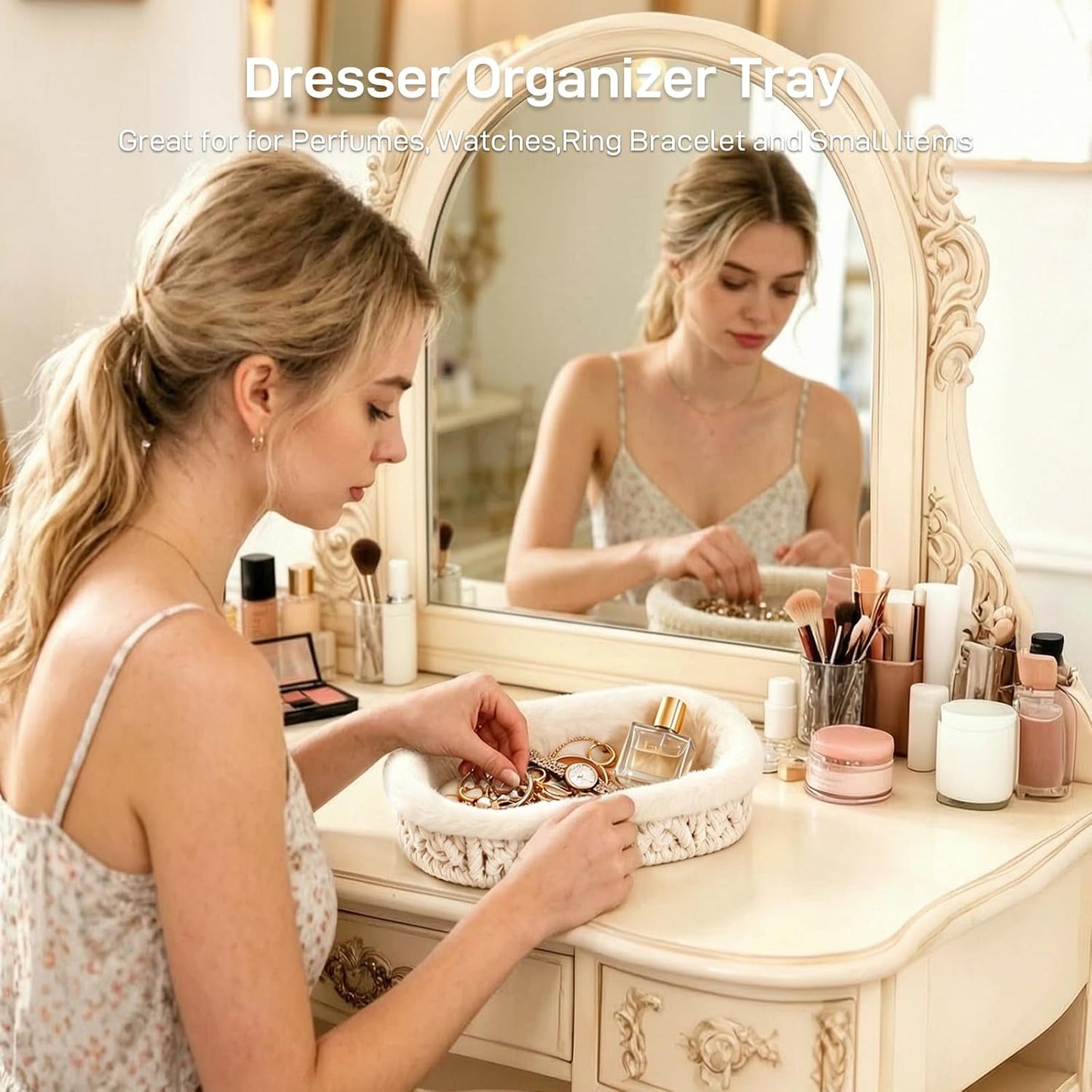 Glasses Holder / Eye-glasses Jewelry Tray for Nightstand Desk / Beige