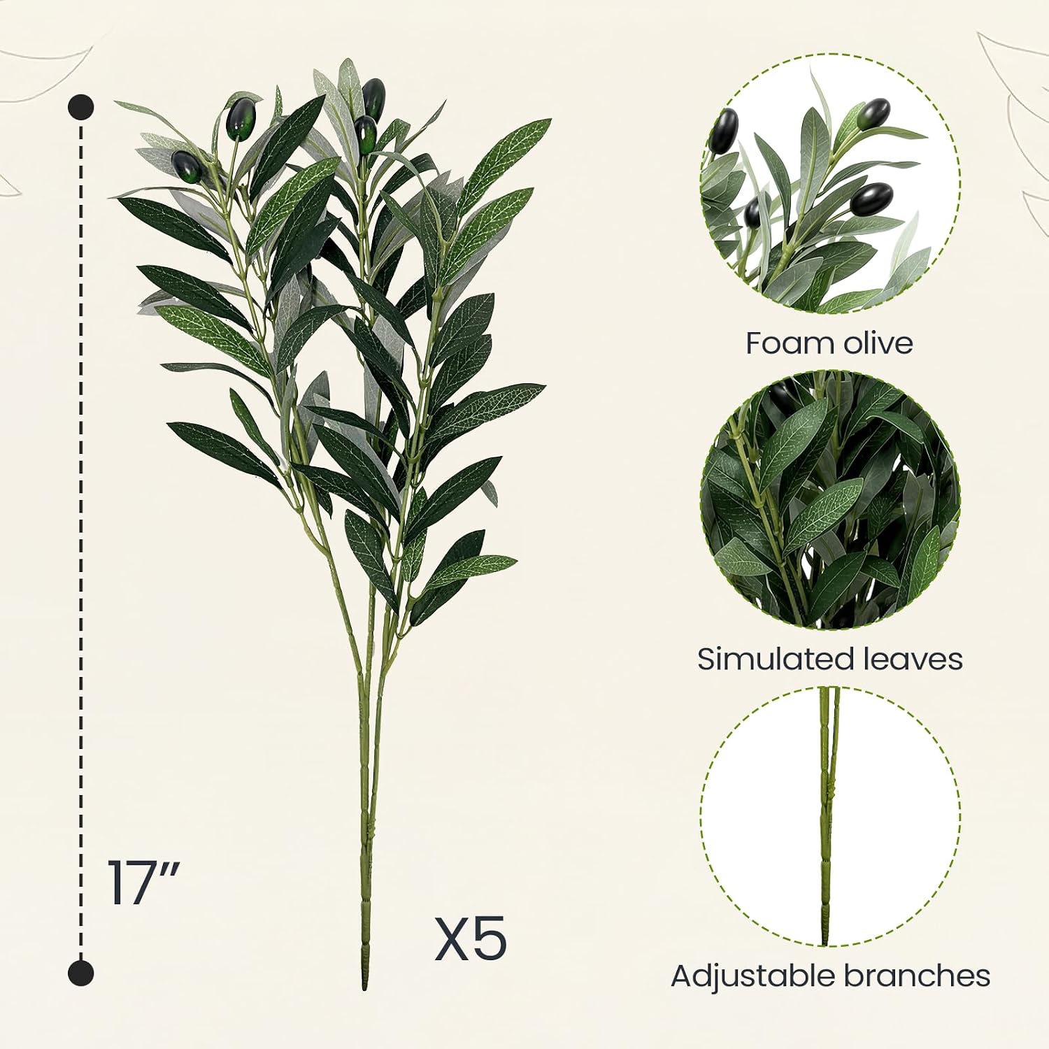 Artificial Olive Branches / 17 Inch / Set of 5