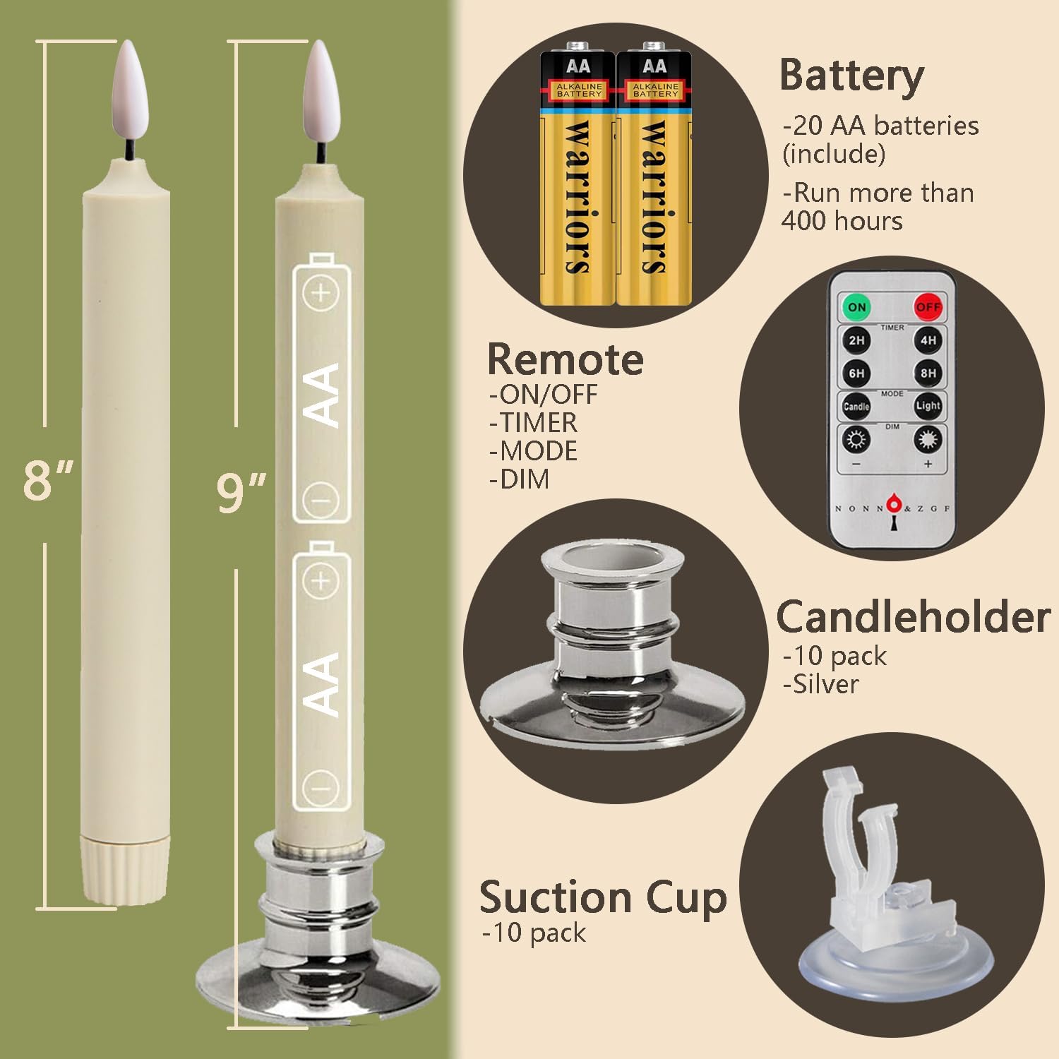 10 Pack Window Candles + 20 AA Batteries(Include, Run More Than 400 Hours) + Silver Candleholders + Suction Cups, 8''