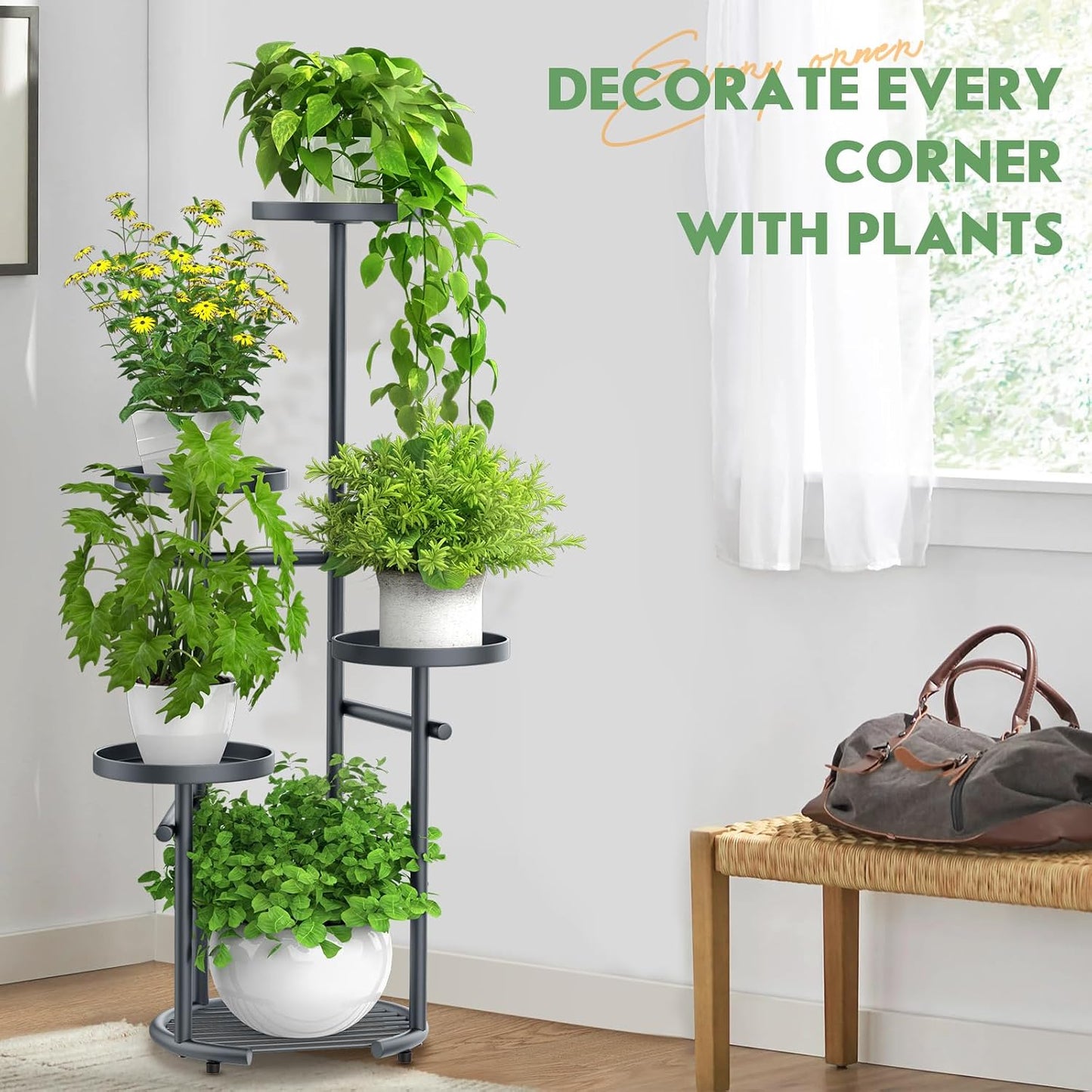 TOSKING Tall 5-Tier Round Metal Corner Plant Stand Indoor, Anti-Tip, Gray | 37.7-Inch Height, Space-Saving Design
