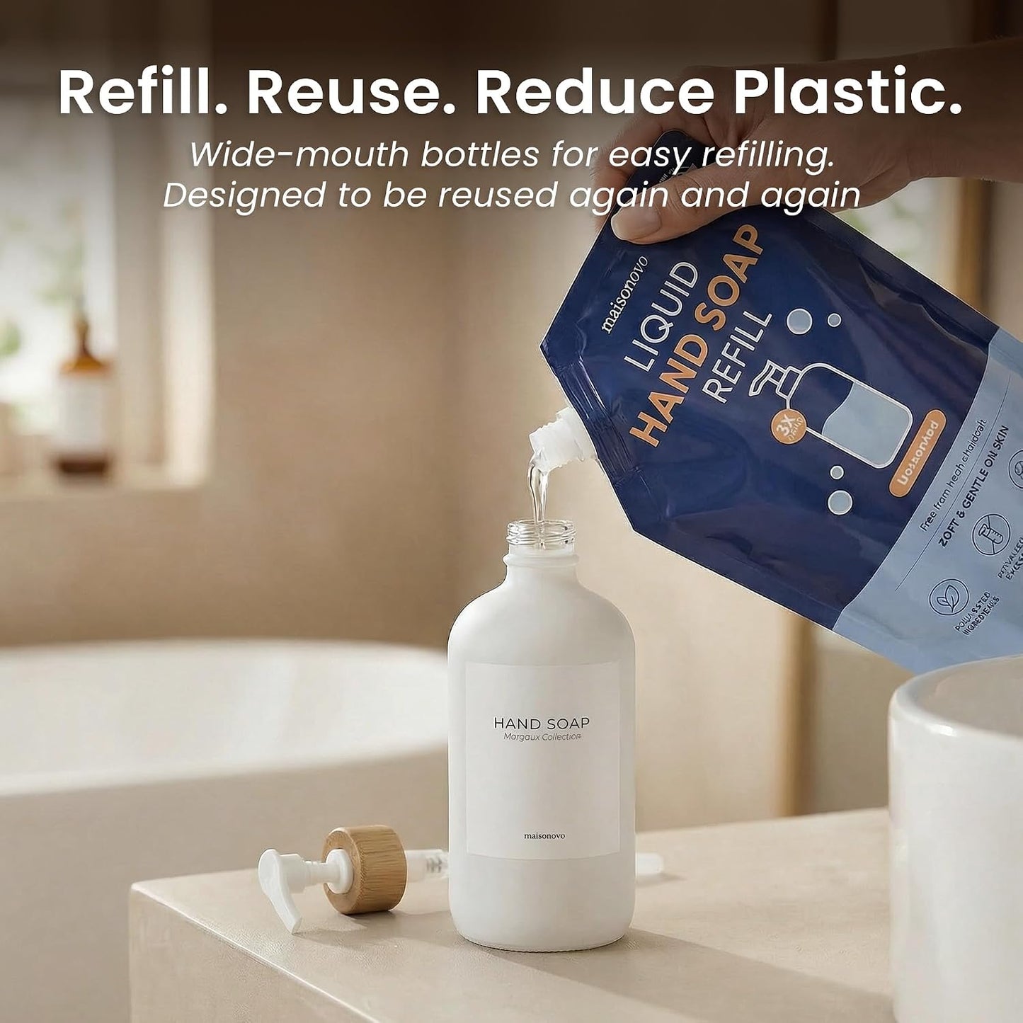 Maisonovo Soap Dispenser Set - White Soap Dispenser White Bamboo Pumps | Glass bottles for body wash, lotion, shampoo