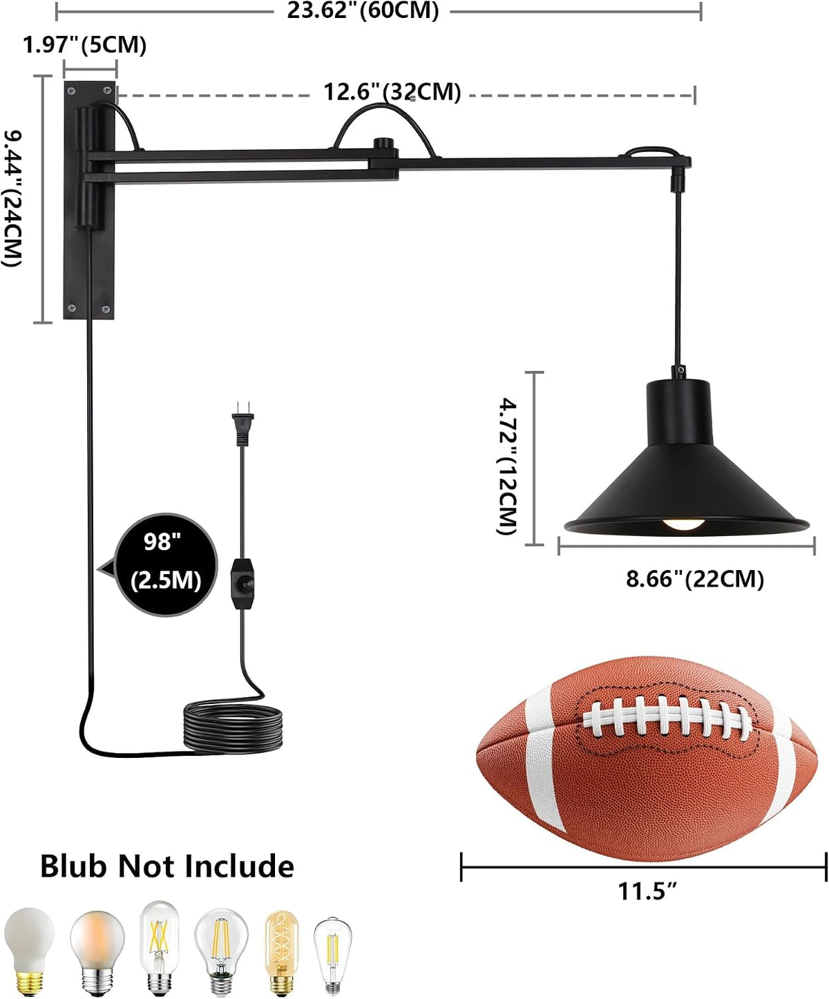 Plug in Wall Sconces, Swing Arm Wall Lamp with Dimmable Switch, Wall Sconce with Plug in Cord for Bedside Bedroom