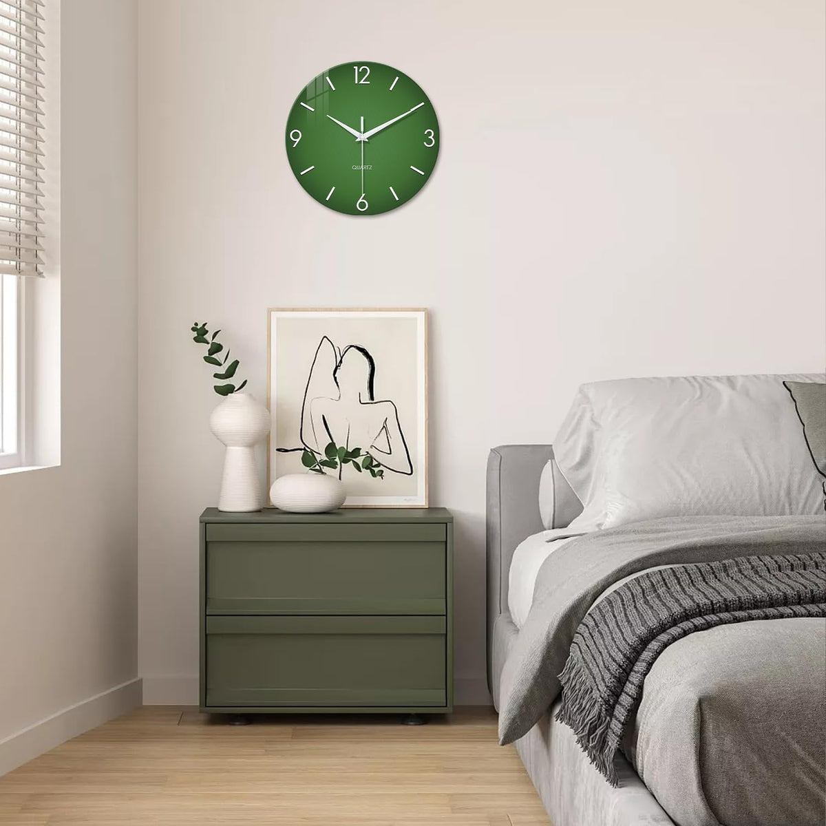 Modern Green Wall Clock Battery Operated 16 Inch Silent | Non-Ticking Big Size Simple Minimalist Quartz Decorative for