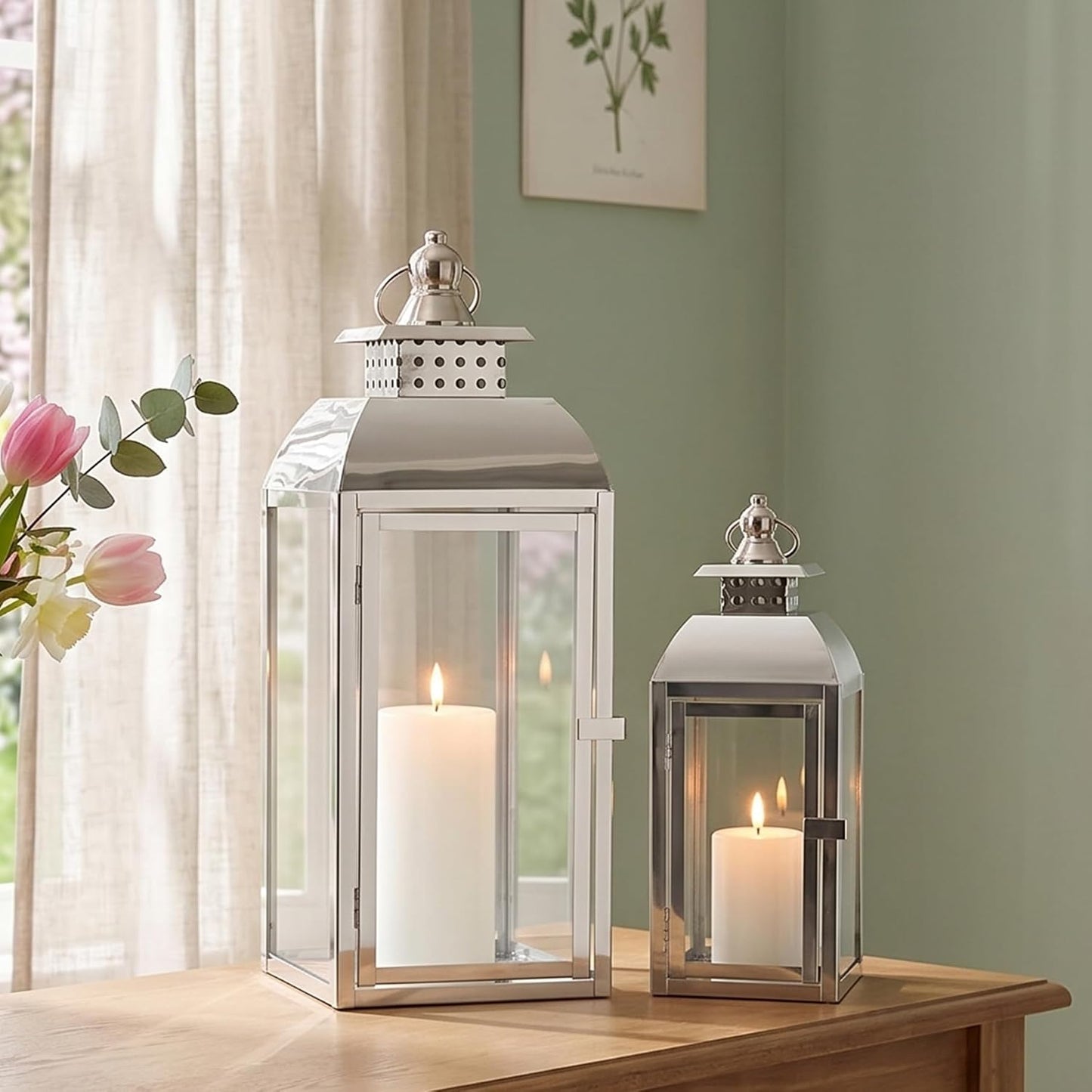 JHY DESIGN Set of 2 Stainless Steel Decorative Candle Lanterns 20.5"&15" High Metal Candle Lanterns for Indoor Outdoor