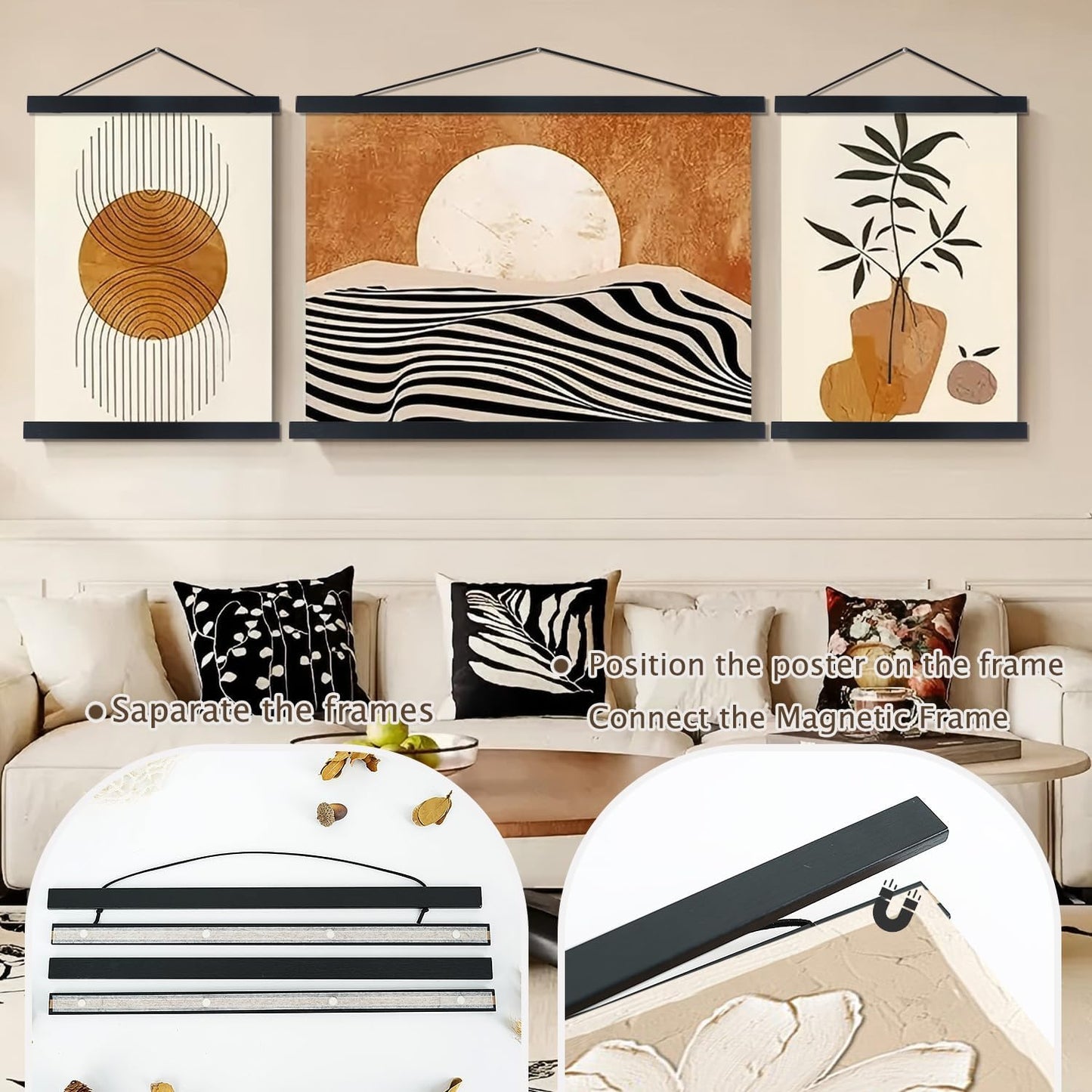 Artmag Magnetic Poster Hanger Frame, 47x36 47x30 47x60 Light Wood Wooden Magnet Canvas Artwork Print Dowel Poster