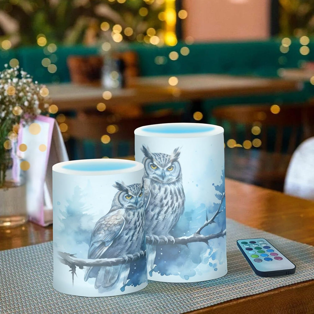 Flickering Flameless Candles, Owl on Tree LED Candles with Remote Timer, Set of 2 Battery Operated Candle for Valentine