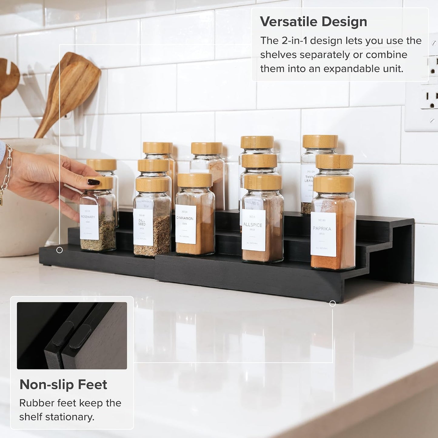 3-Tier Expandable Spice Rack Organizer, Black | Fits 36 spice jars, pantry storage, non-slip feet