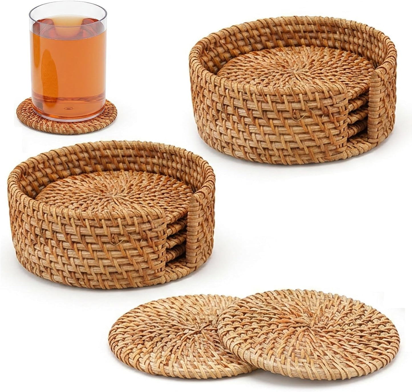 Holder / Wicker Boho Drink Coasters Set / Natural / 4 Inch / Set of 12