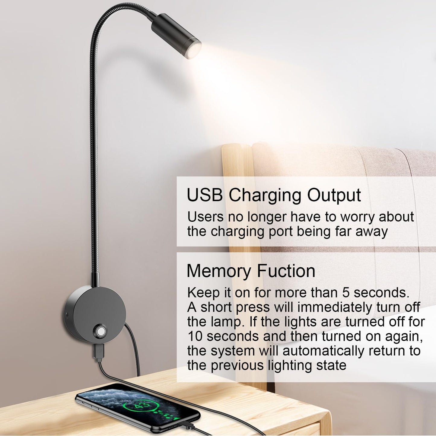 Wall Mounted LED Reading Light with 15" Flexible Gooseneck, Dimmable Book Light for Reading In Bed with USB Charging