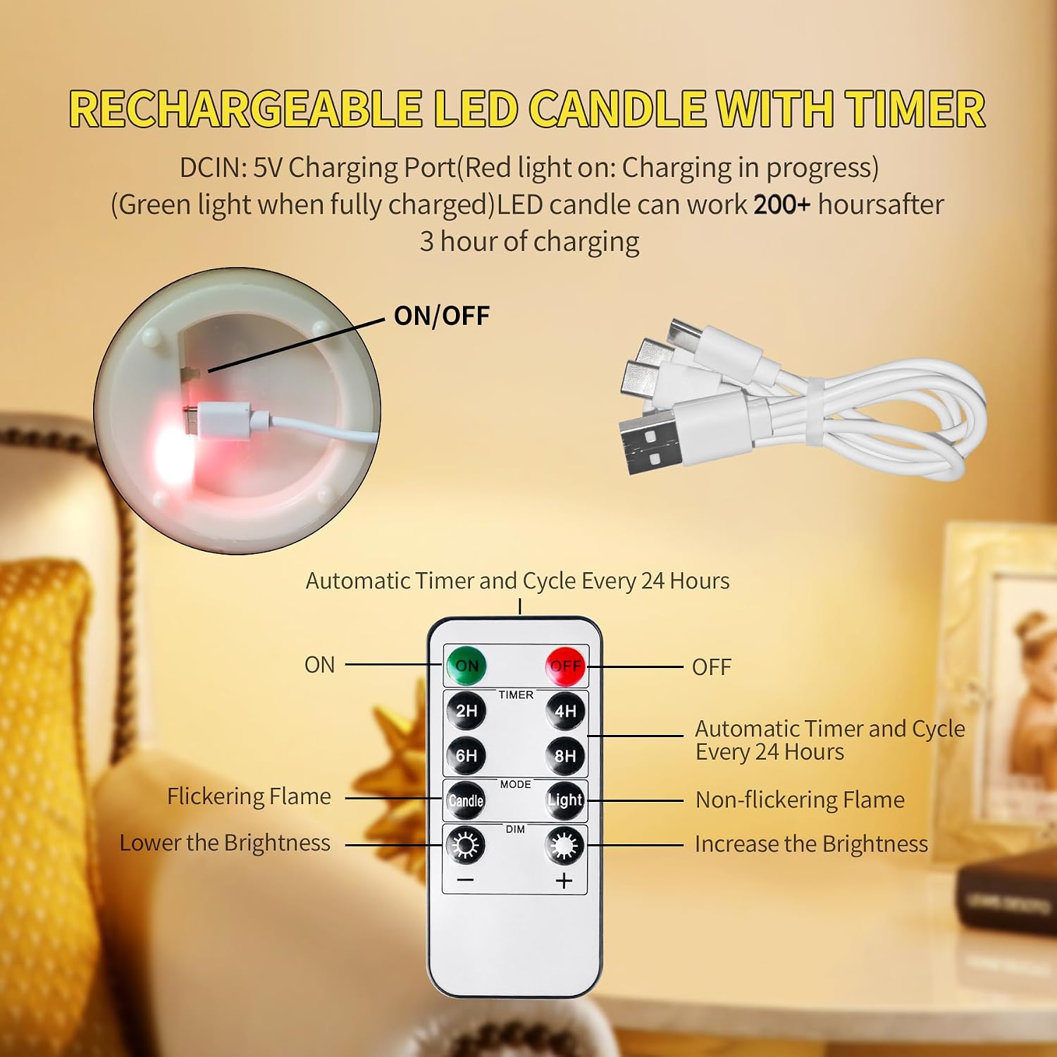 200 Hours Glass Rechargeable Flickering Flameless Candles with Remote | Rechargeable LED Pillar Fake Candles, Real Wax