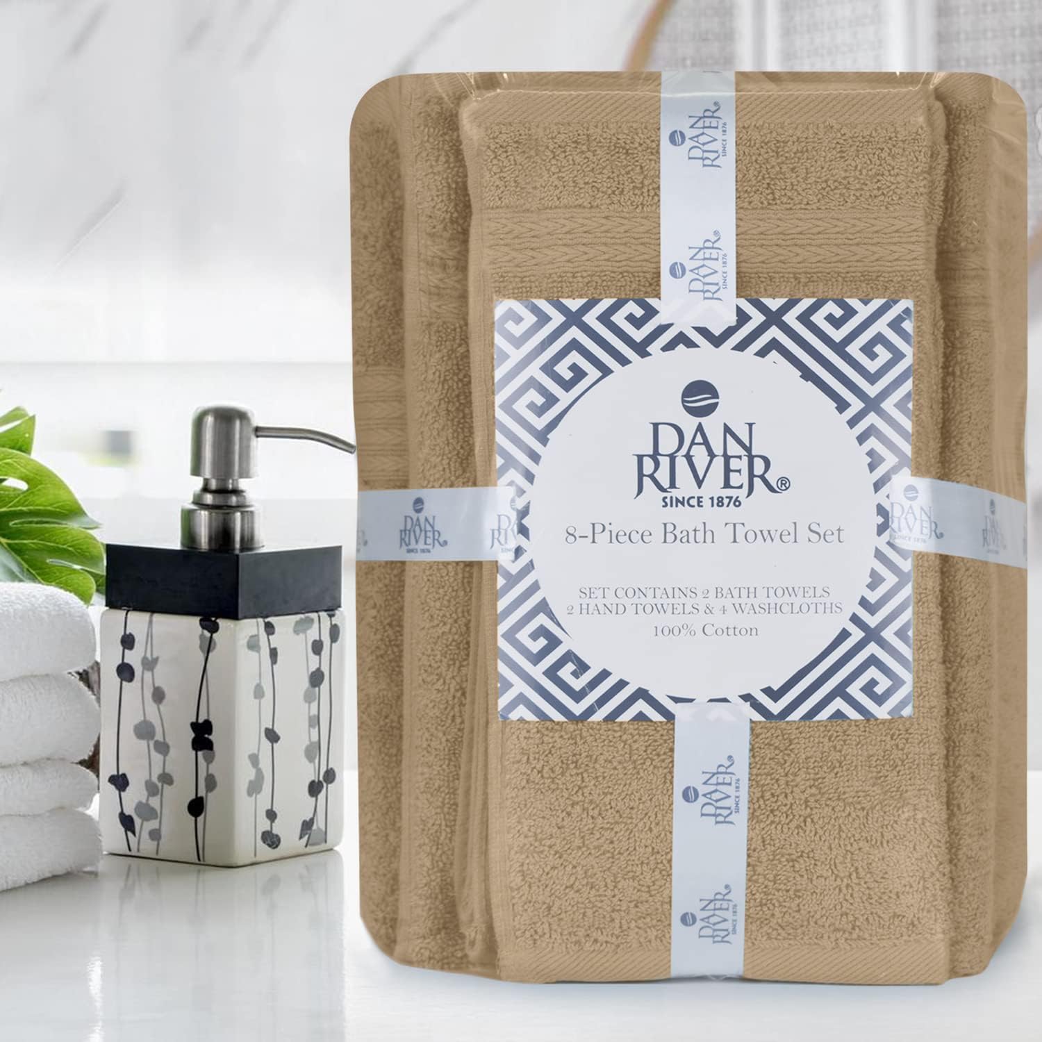 DAN RIVER 8 Piece Luxury Bath Towels for Bathroom, Towel Set, Tan | 2 Bath towels, 2 Hand towels, and 4 Wash Cloths