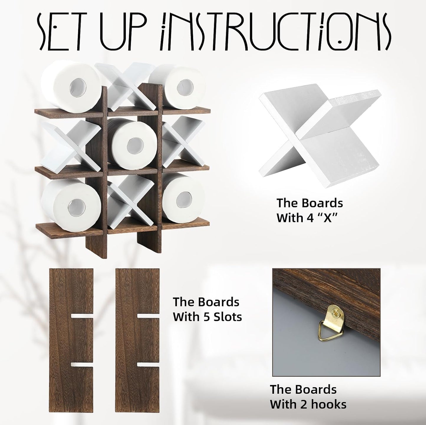 Weysat Tic Tac Toe Toilet Paper Holder,White, Dark Brown | Farmhouse Bathroom Decor, Freestanding or Wall Mount Storage