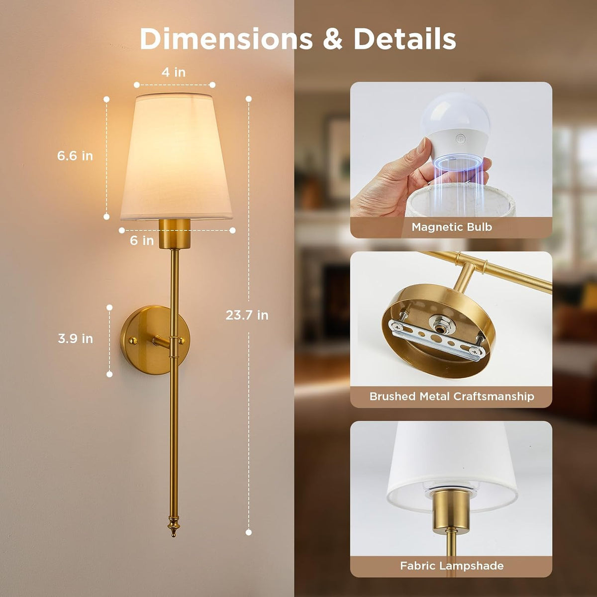 Brightown Battery Operated Wall Sconces Set of Two,Gold Sconces Wall Decor | RGBWW Rechargeable Wall Lights with