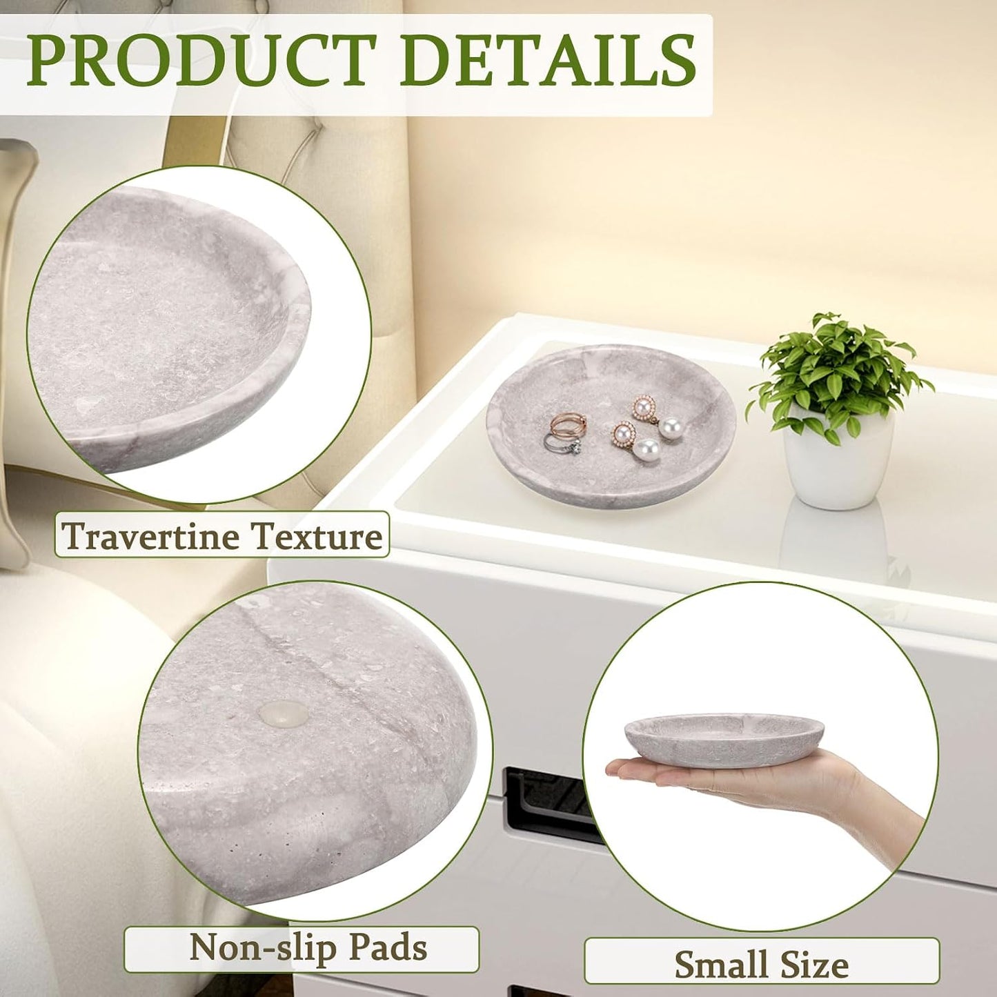 Small Key Bowl for Entryway Nightstand Organizer Tray Travertine Decorative Bowls / White/grey / 5.5