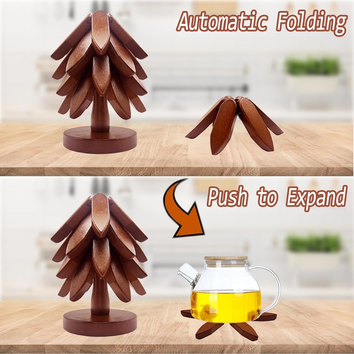 4 Wooden Trivets + 1 Stand / Walnut Wood