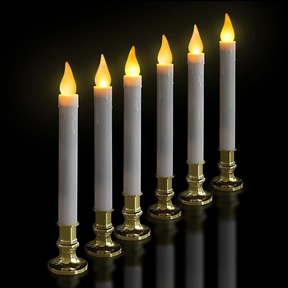 White 9.9" LED Taper Candles w/Gold Holders, 6-Pack | White flameless taper candles with gold holders, 5/19 auto timer