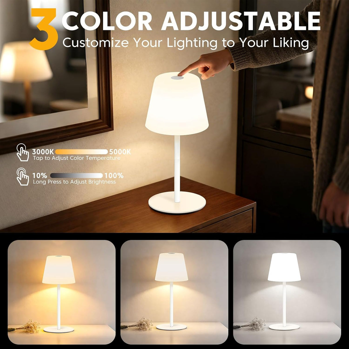 IP65 Shower Lamp Waterproof,Cordless Rechargeable Table Lamp Indoor Outdoor | Bathroom Lamp,4000mAh Battery Operated，3