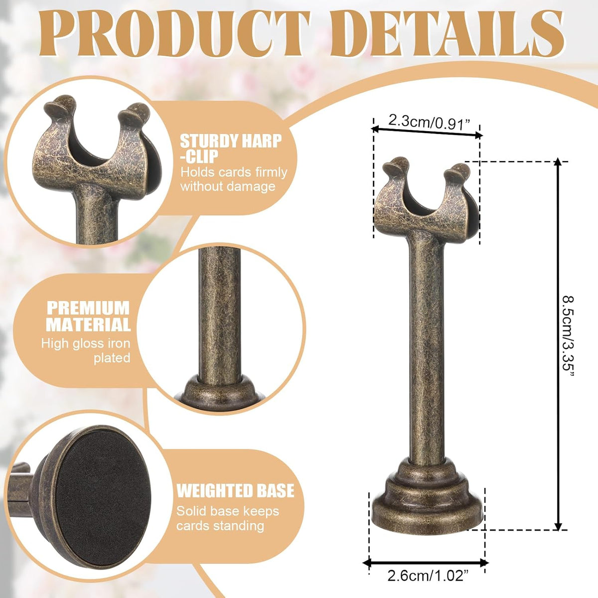 24 Pcs Bronze Metal Table Number Holders 3.15 Inch Wedding Place Card Holders Bulk Harp Clip Table Sign Stands Card