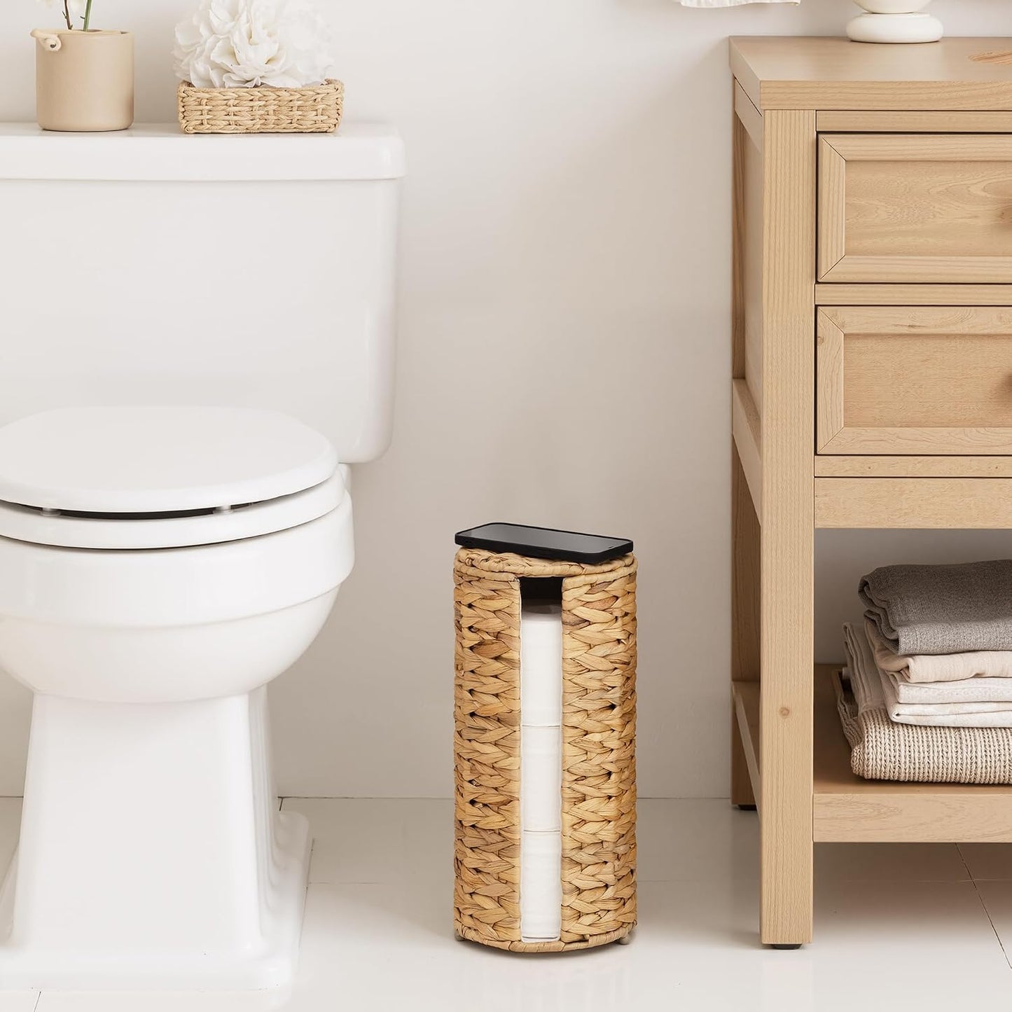 StorageWorks Water Hyacinth Free Standing Toilet Paper Holder Stand for Bathroom, 3 Rolls of Toilet Tissue Storage with