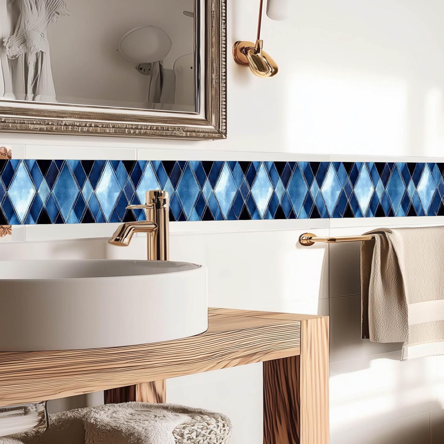 Wallpaper Border Blue Strip Wallpaper Peel and Stick Wall Diamond Geometric / Blue Diamond Glass