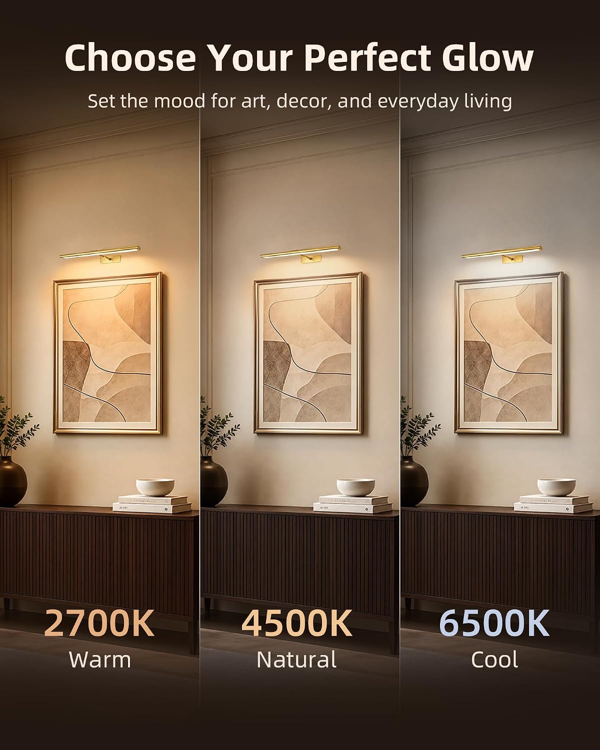 EZVALO Picture Light for Wall, 4800mAh Rechargeable Wireless Gold Light with IR Remote, Dimmable Magnetic LED Art
