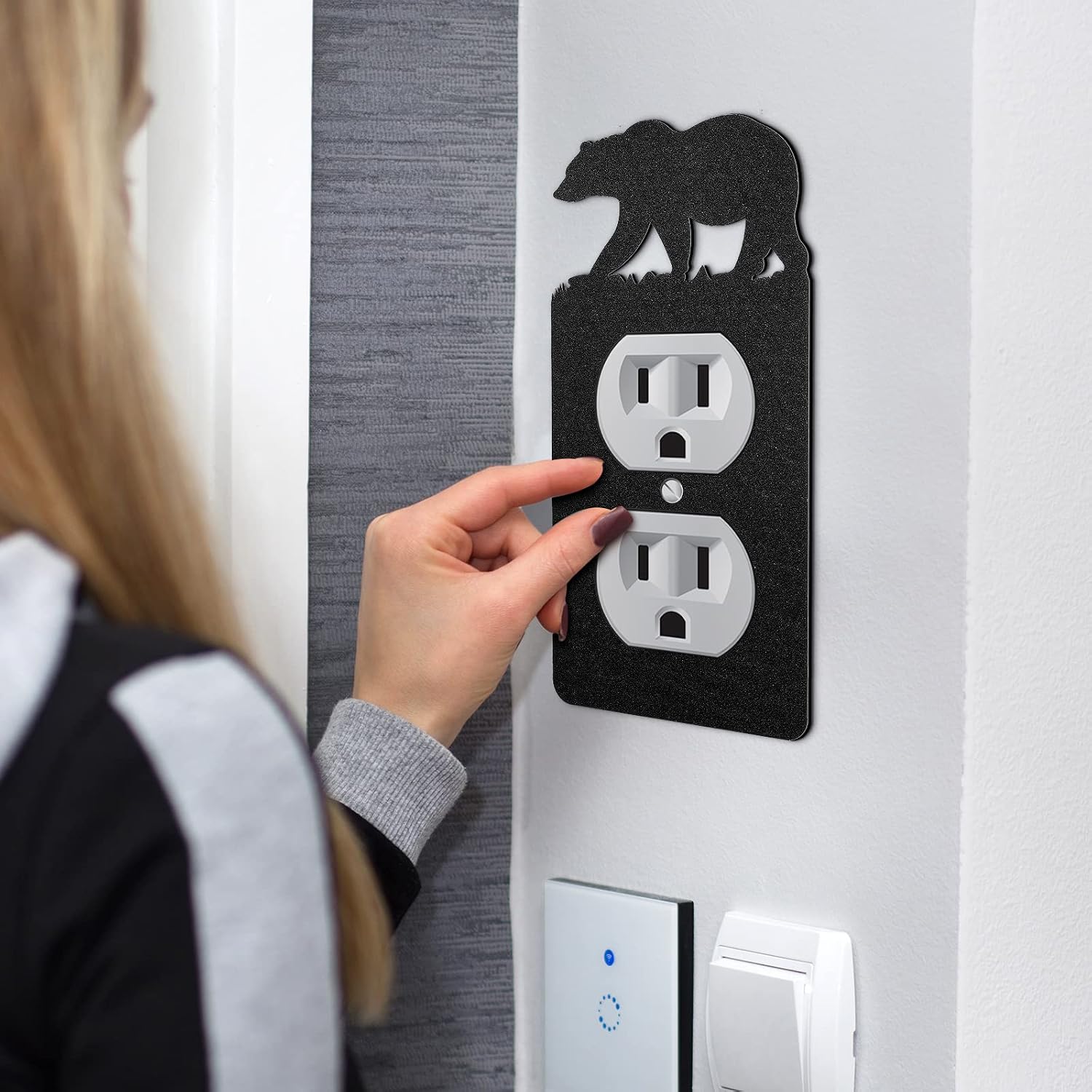 Kingdder 12 Pcs Metal Bear Light Switch Cover Moose Tree Mountain Elk Black Light Switch Plate Forest Outlet Toggle