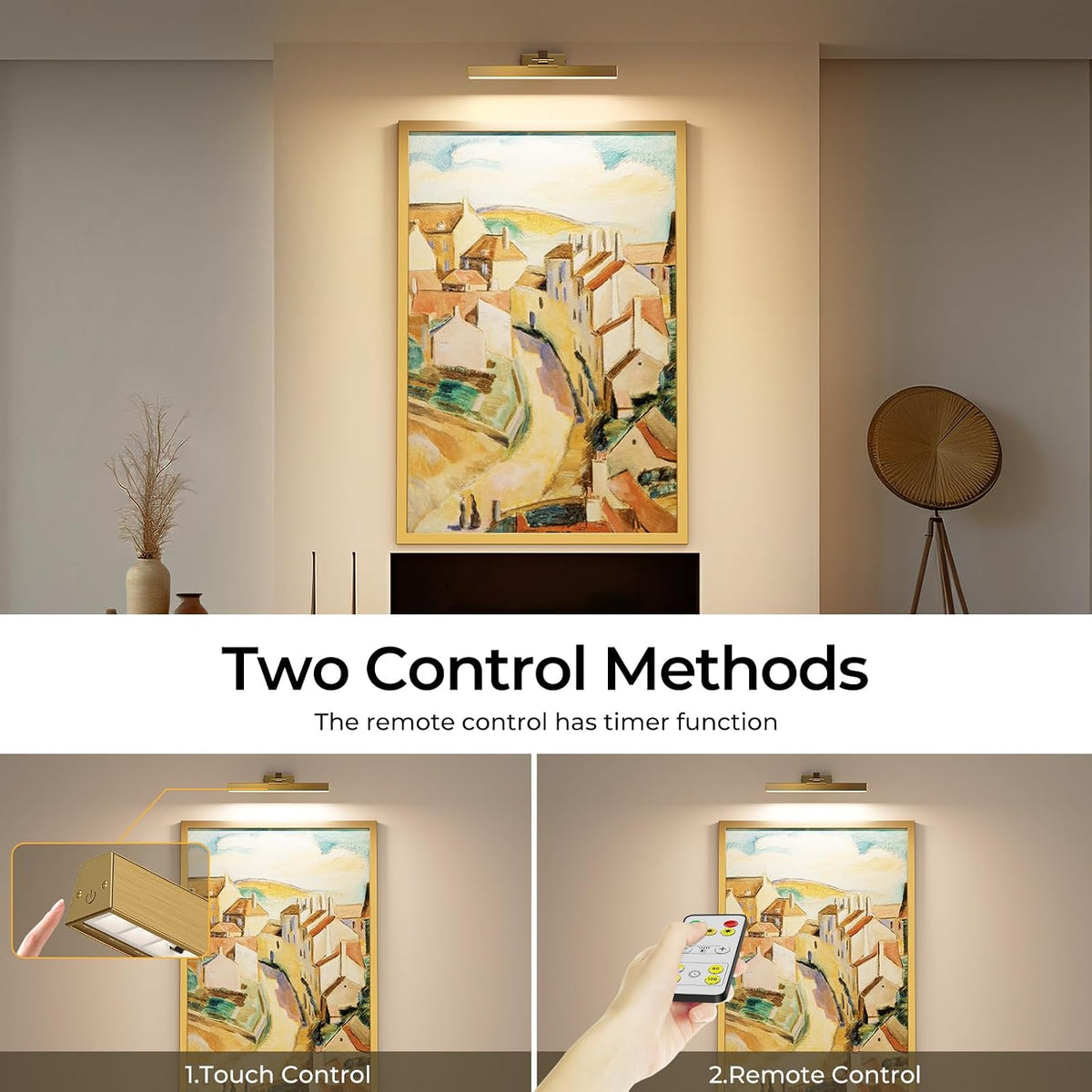 Picture Lights for Wall, Brass Battery Operated Picture Light 16in Art Light CCT Dimmable Recharging Battery Wall Light