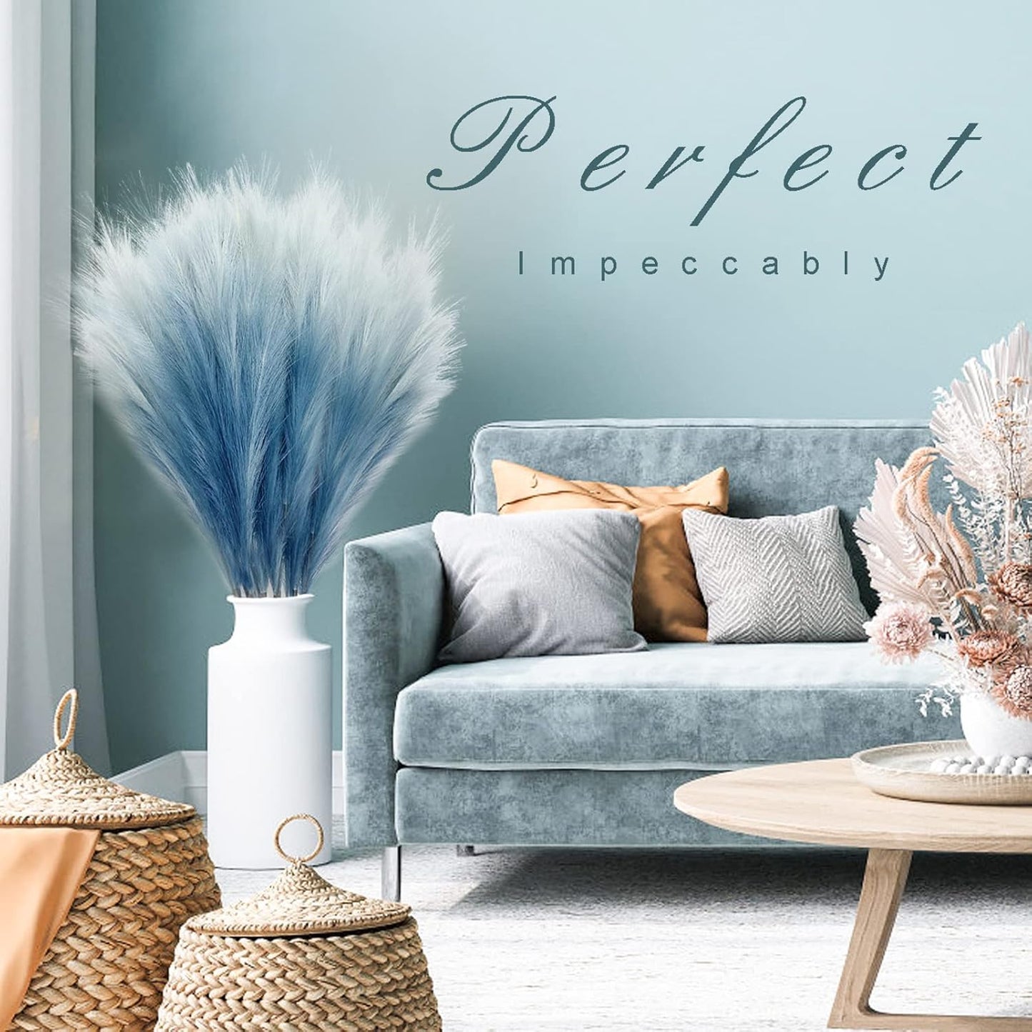 Fluffy Artificial Bulrush Branches Boho Decor / Blue / Set of 8