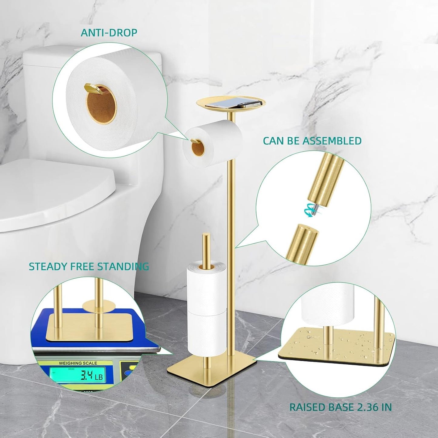FEILERN Toilet Paper Holder Stand for Bathroom Floor Standing Toilet Roll Dispenser Storages 4 Reserve Rolls, with Top
