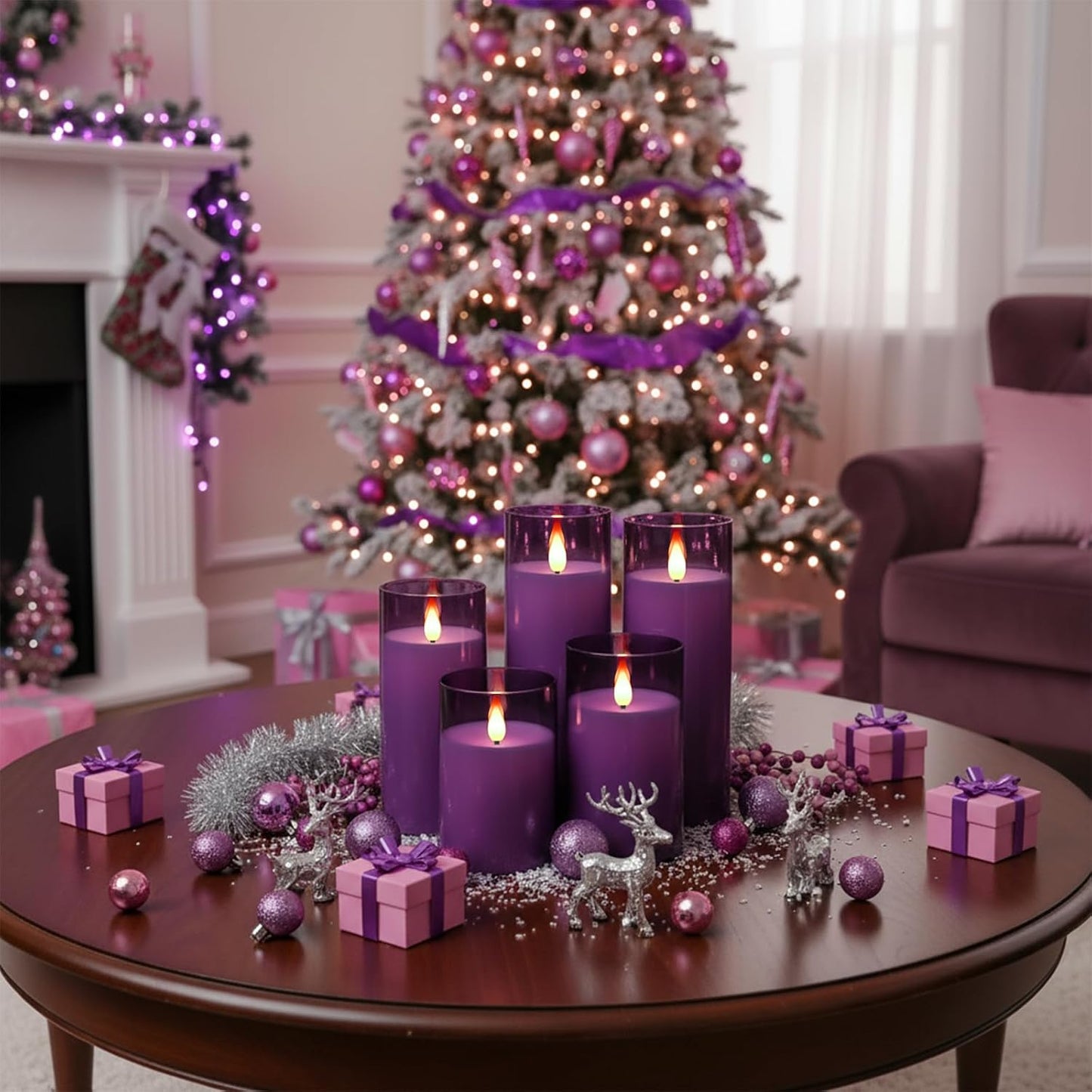 Homemory Purple Flickering Flameless Candles, Battery Operated Acrylic LED Pillar Candles with Remote Control and