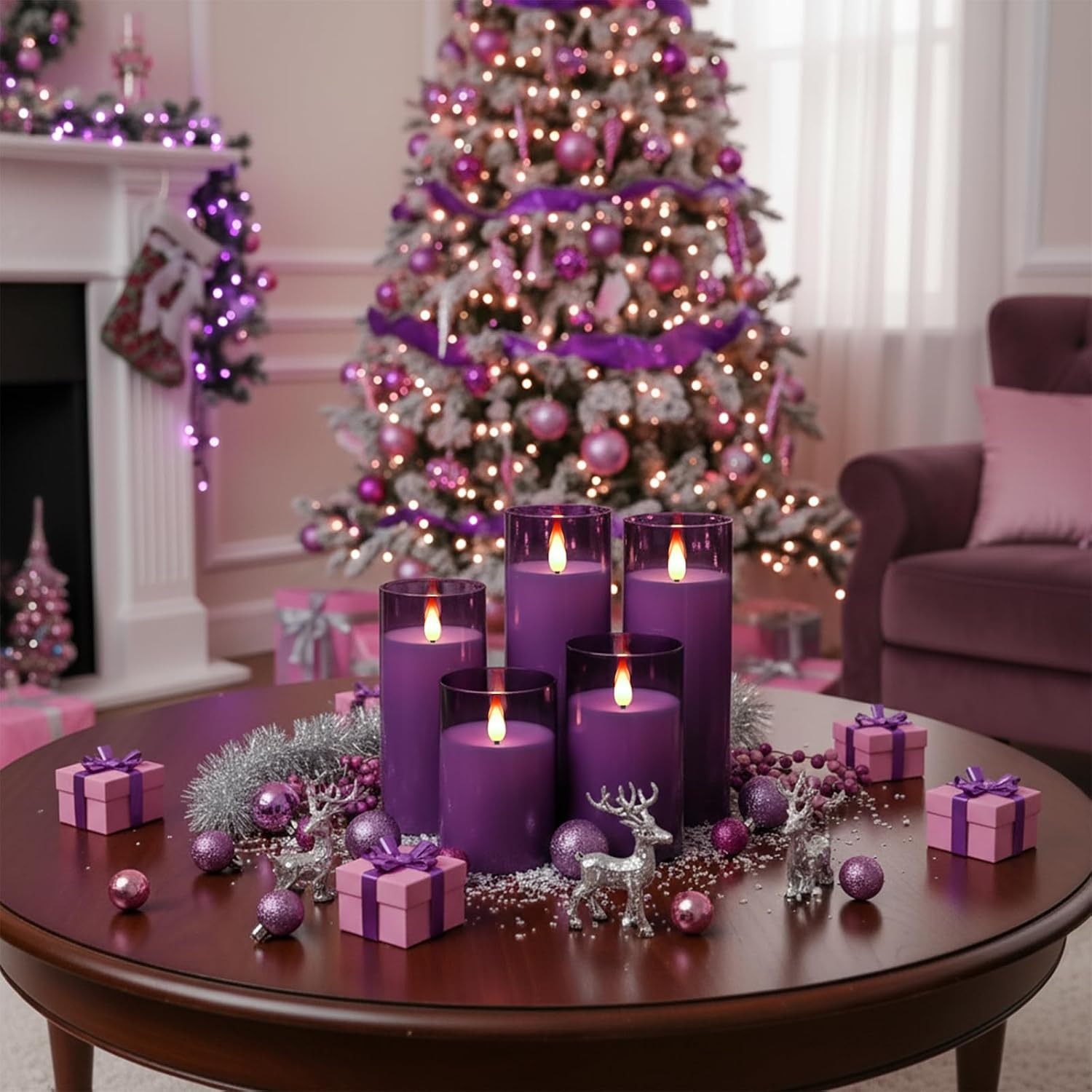 Homemory Purple Flickering Flameless Candles, Battery Operated Acrylic LED Pillar Candles with Remote Control and