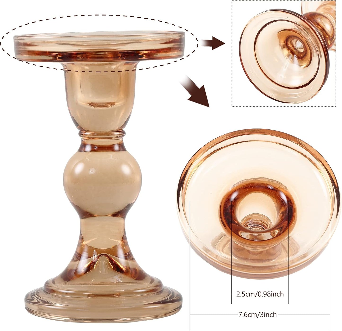 GMWD 3 Pcs Glass Candle Holder Set Clear, Amber Candlesticks Holders Pillar Taper Candles Tealight Stand for Wedding