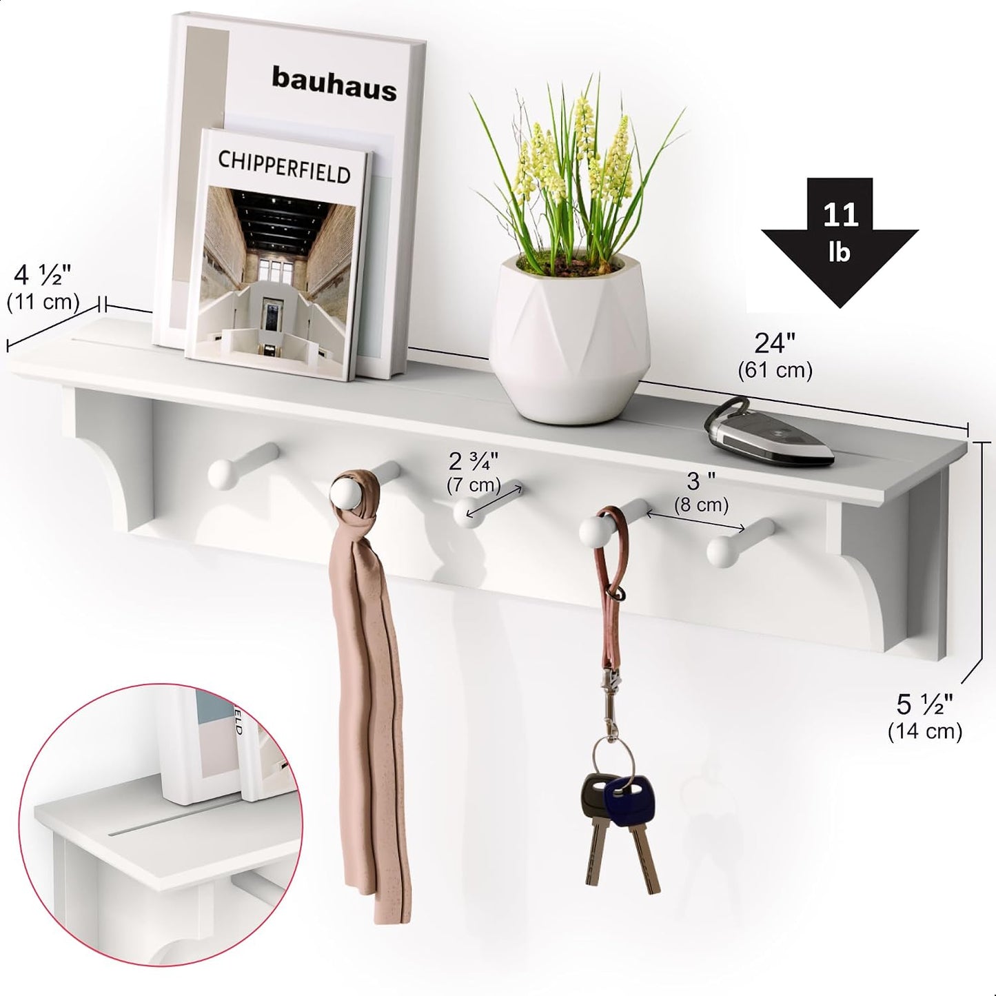 Ballucci Floating Coat and Hat Wall Shelf Rack, 5 Pegs Hook, 24", White